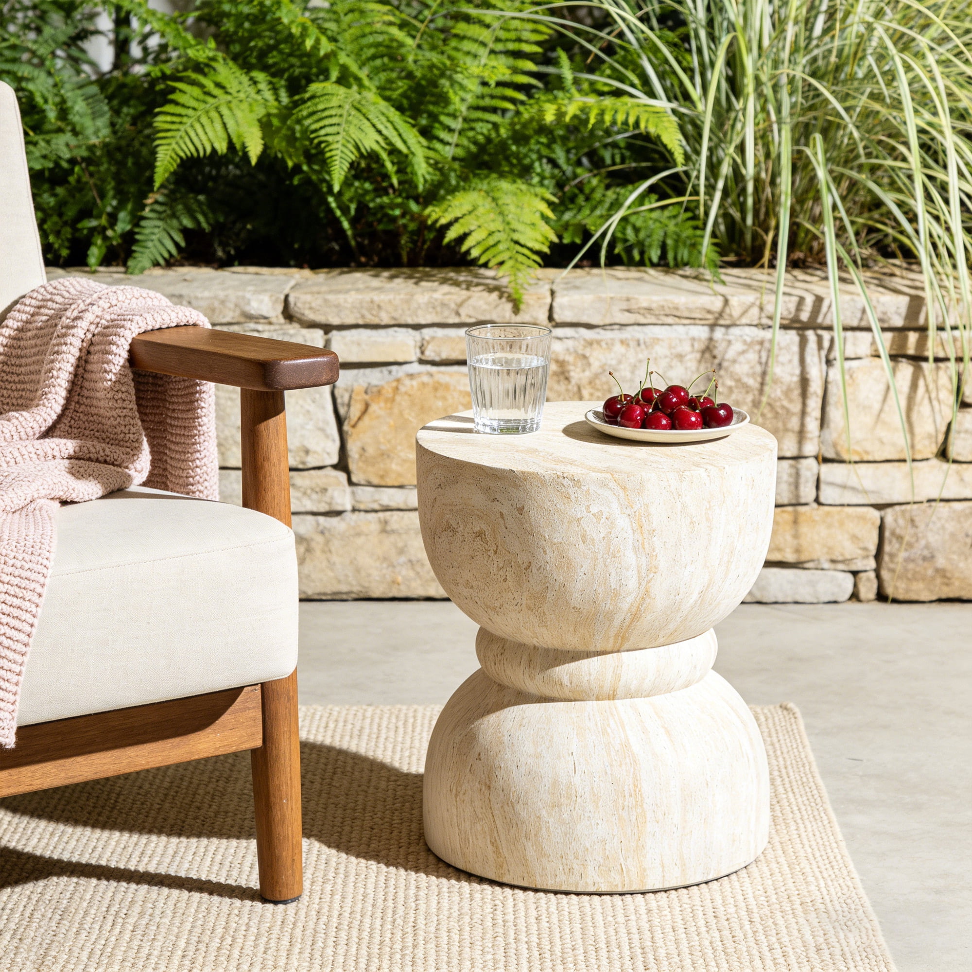 Mintazer 17.8" H Modern Outdoor Side Table, Rounded Waist Outdoor End Tables with Travertine Texture, Waisted Accent Table for Patio Garden Living Room, Beige & Yellow