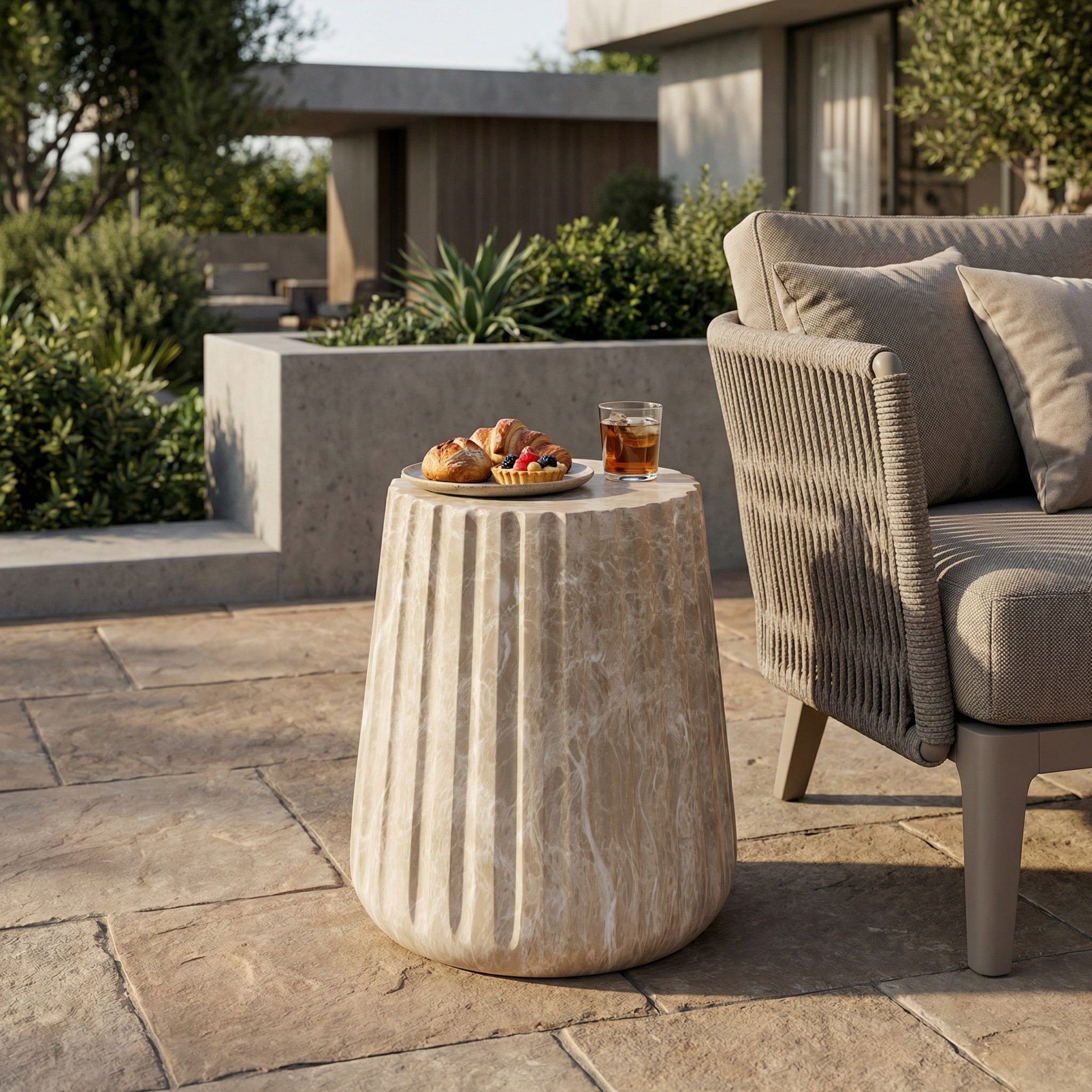 Mintazer 18.2" H Fluted MGO Side Table, Modern Accent Table with Drum Shaped, Indoor & Outdoor End Table for Patio Living Room, Beige