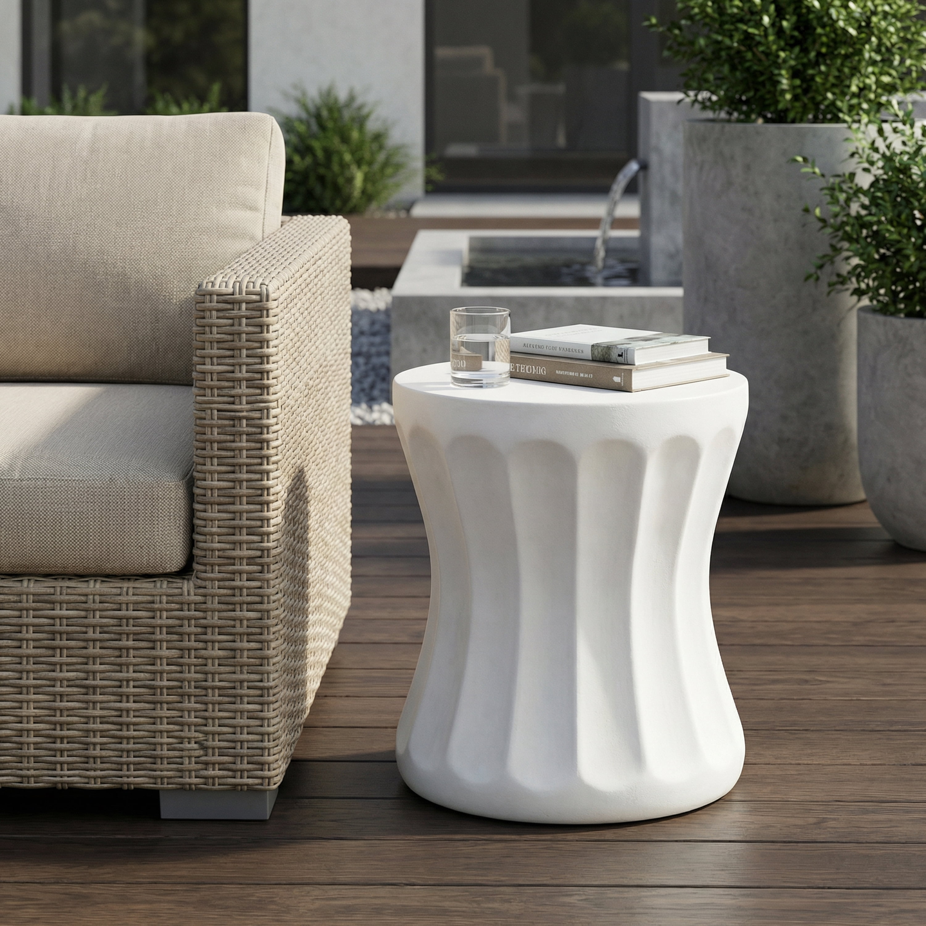 Mintazer 18" H Fluted MGO Side Table, Modern Waisted Accent Table with Hourglass Drum, Patio End Table for Patio Living Room, White