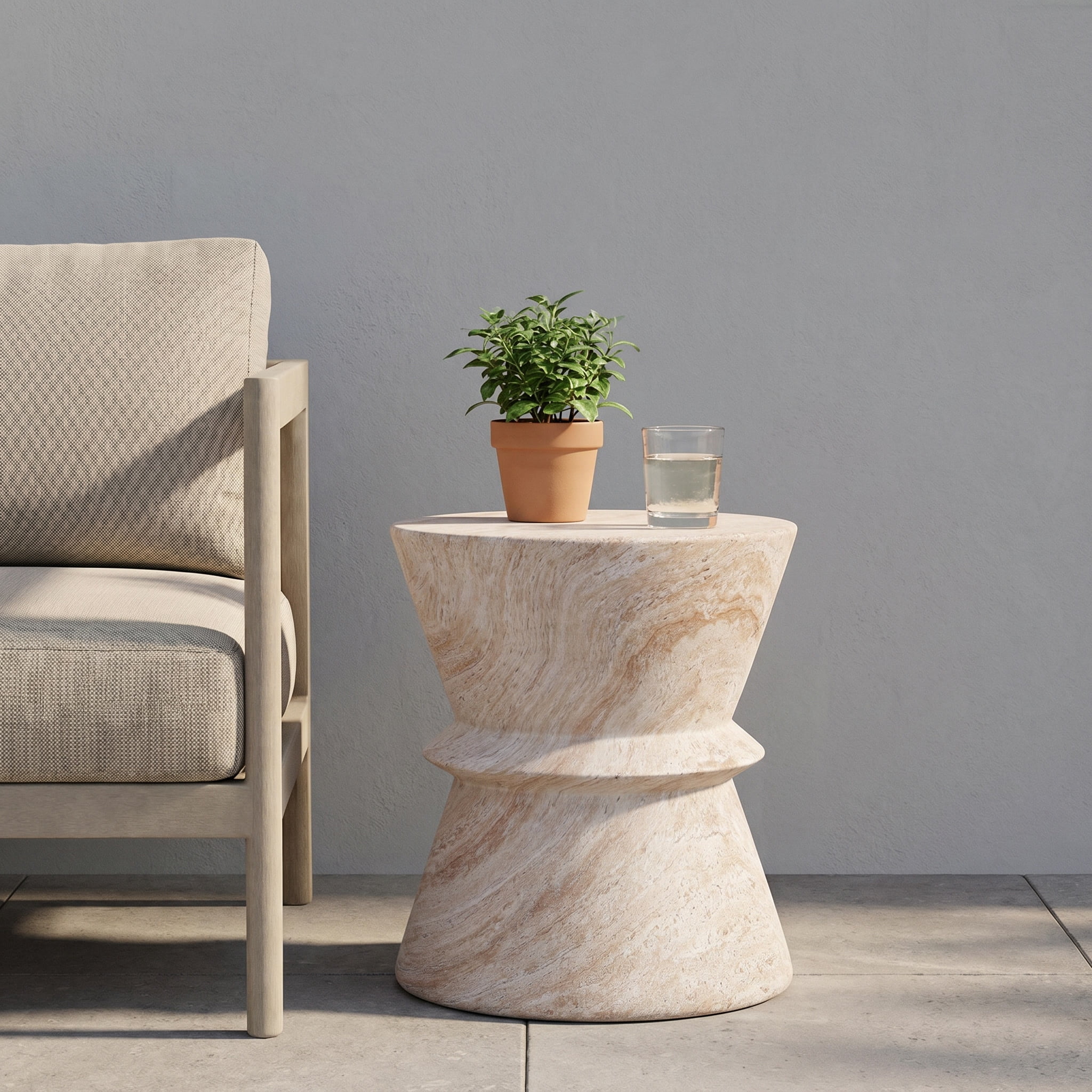 Mintazer 18" H Hourglass Shaped MGO Side Table, Modern Accent Table with Drum Base, Patio End Table for Patio Living Room, Beige