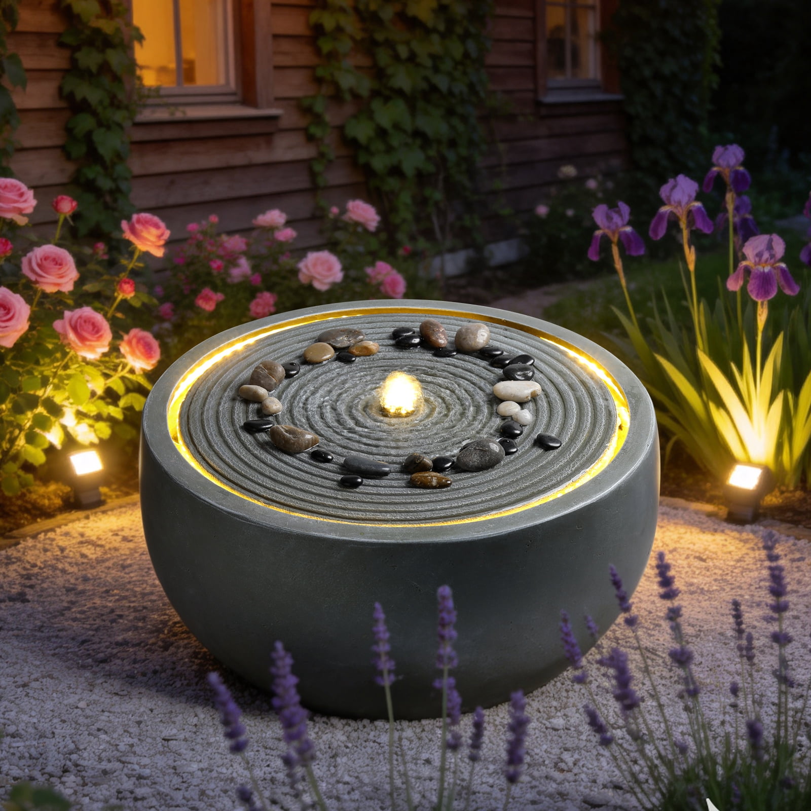 Mintazer 19.3" Modern Round Bowl Ripple Water Fountain with LED Light, Outdoor Garden Fountain with Natural River Stones for Patio Porch Backyard