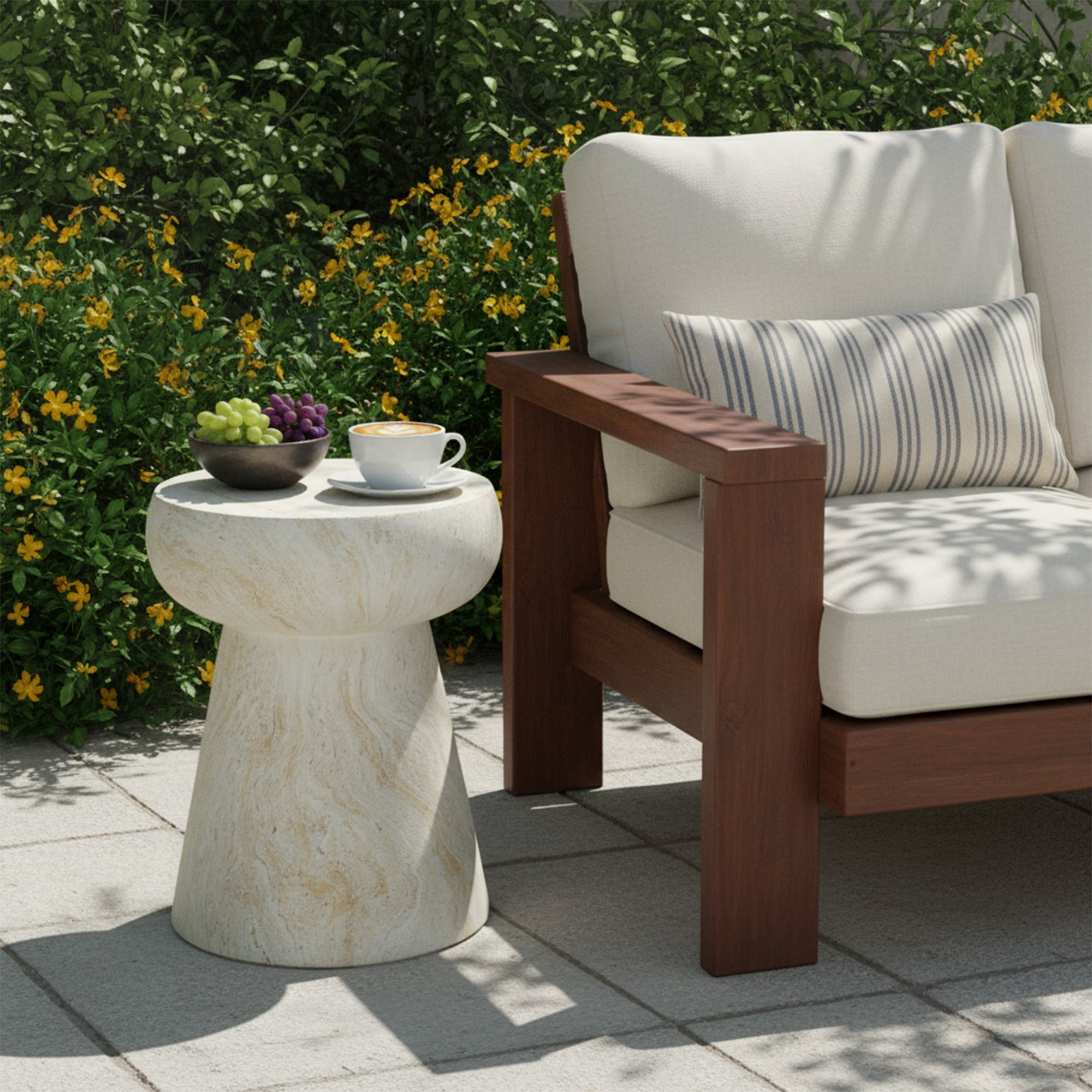 Mintazer 19.68" H Mushroom-Shaped Outdoor Side Table, Geometric Pedestal End Table with Travertine Texture, Modern Accent Table for Patio Living Room, Beige & Yellow