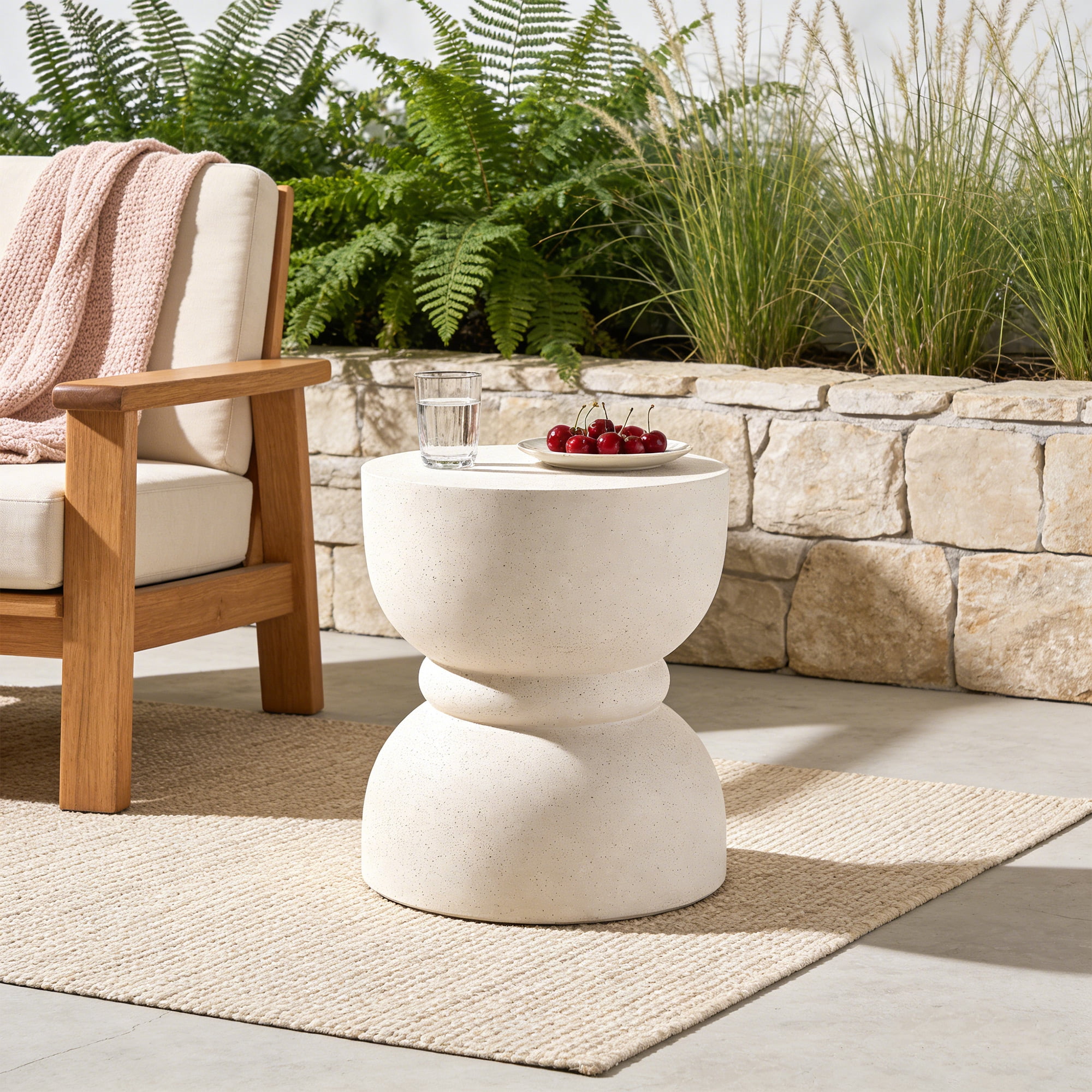 Mintazer 19.68" H Mushroom-Shaped Outdoor Side Table, Geometric Pedestal End Table with Travertine Texture, Modern Accent Table for Patio Living Room, Beige