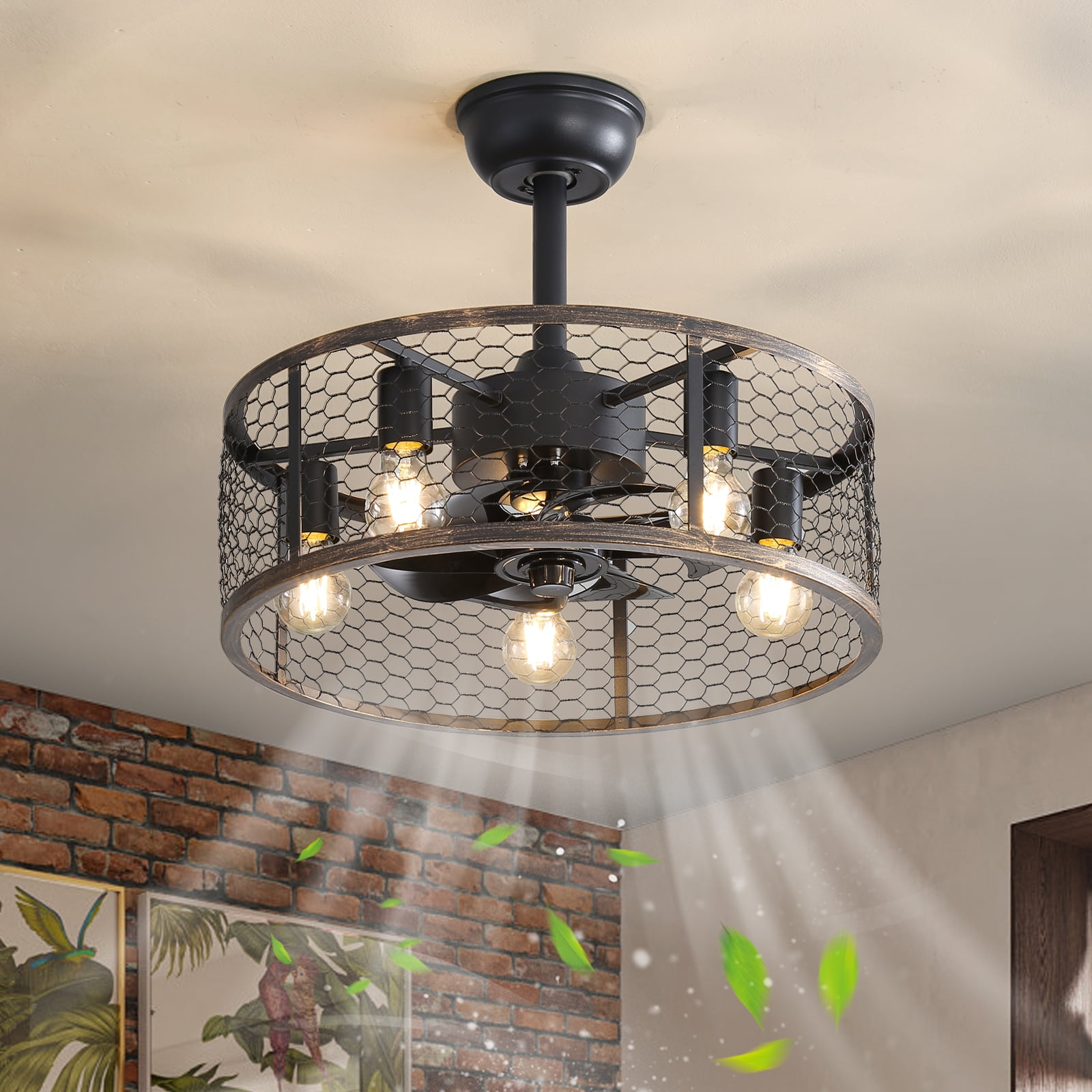 Mintazer 19.7 inch Caged Ceiling Fan with Light, Black Farmhouse Ceiling Fan for Kitchen, Living Room, Home