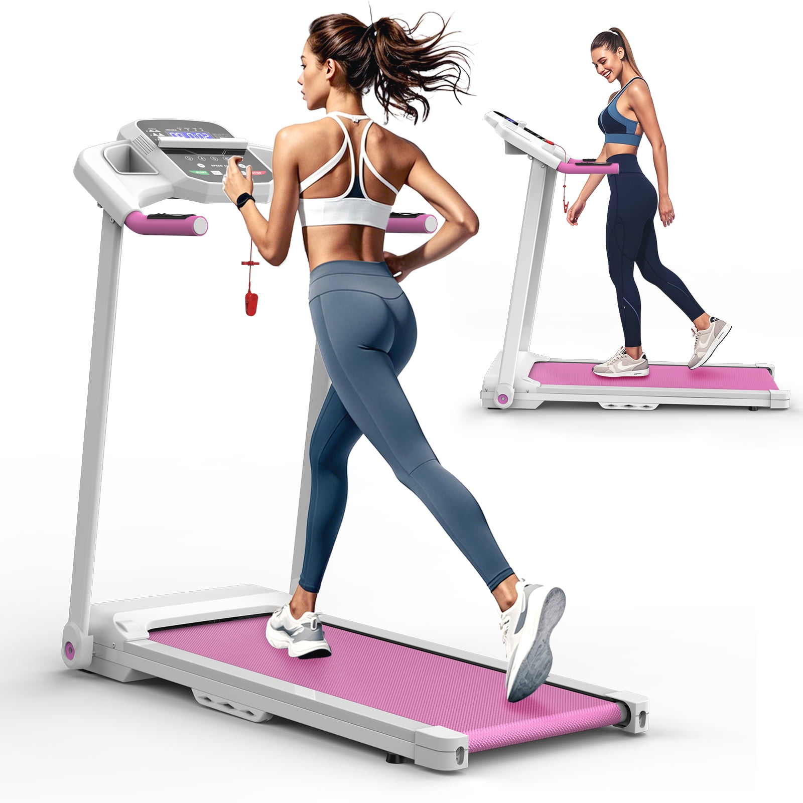 Mintazer 2.5 HP Folding Treadmill with LCD Display, Portable Electric Running Machine for Home Gym, White & Pink