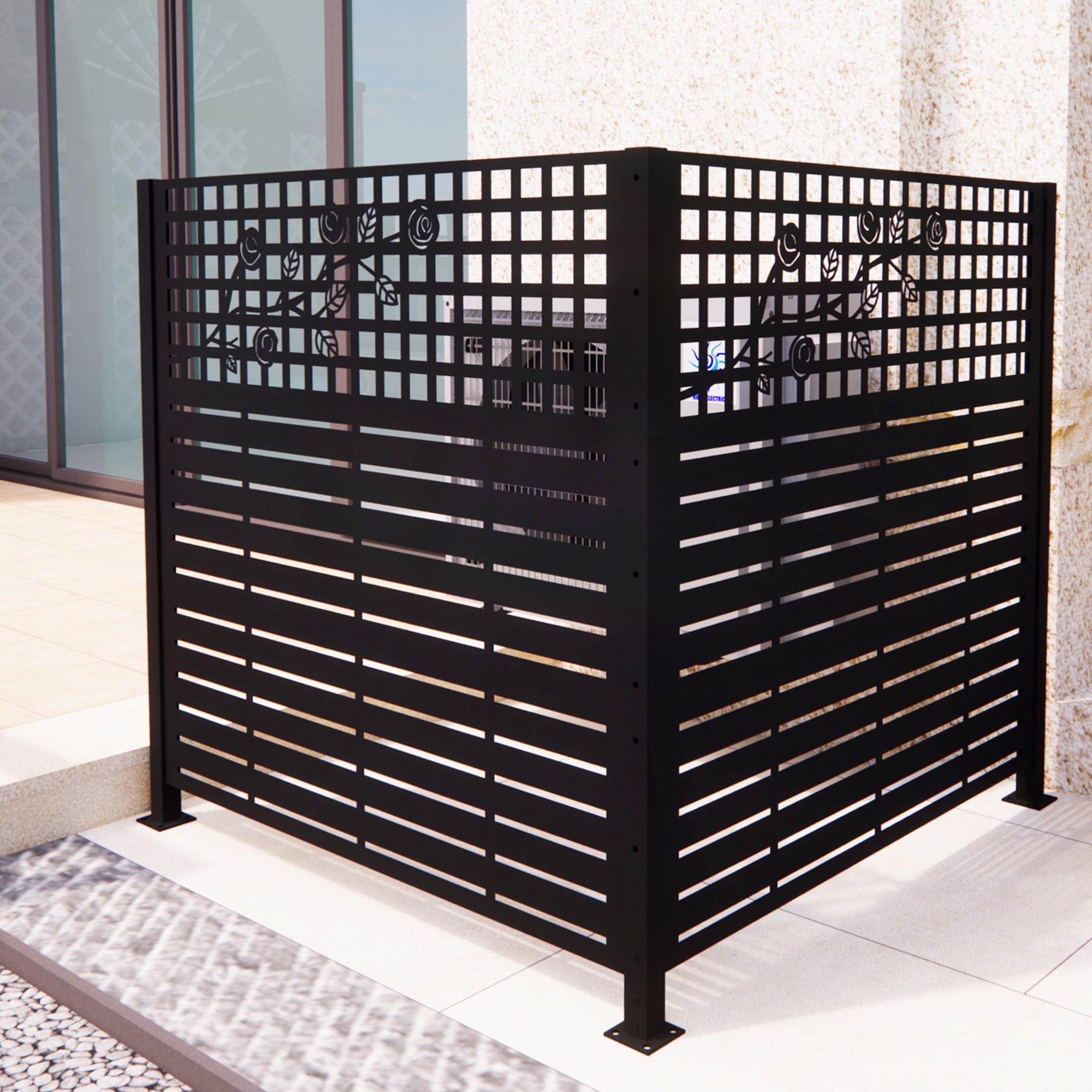 Mintazer 2 Panel Metal Privacy Screen with Rose Pattern, 48 x 47.3 inch Outdoor Air Conditioner & Trash Can Enclosure Fence, Black