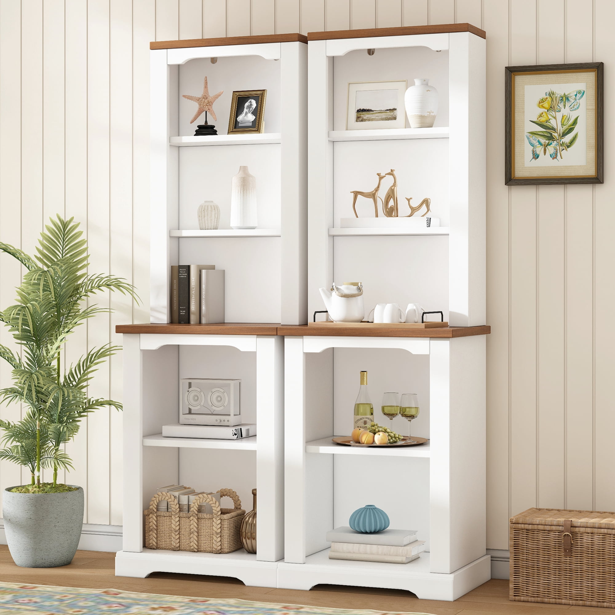 Mintazer 2-Piece Farmhouse Open Bookcase Set, 66"H Freestanding Display Storage Cabinets with Curved Trim for Living Room Bedroom, White & Walnut