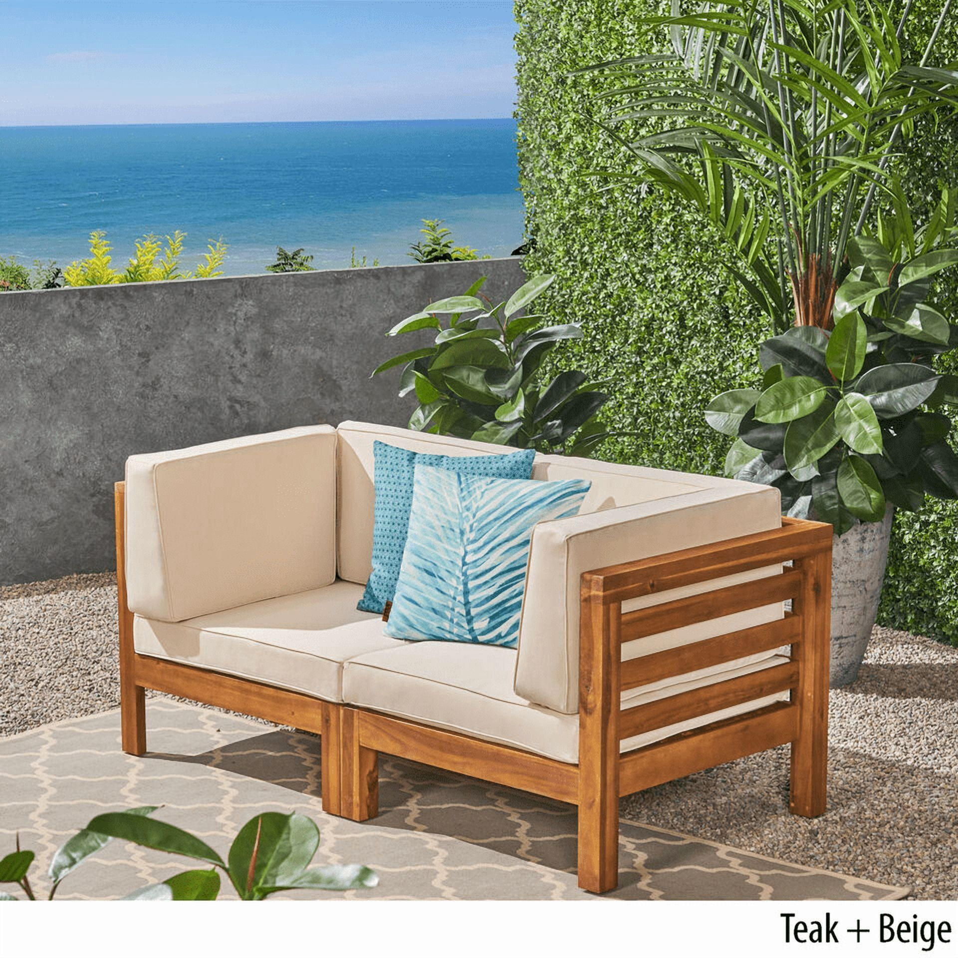 Mintazer 2-Piece Modular Outdoor Loveseat, Interlocking 2-Seat Sectional Sofa with Water-Resistant Beige Cushions, Natural