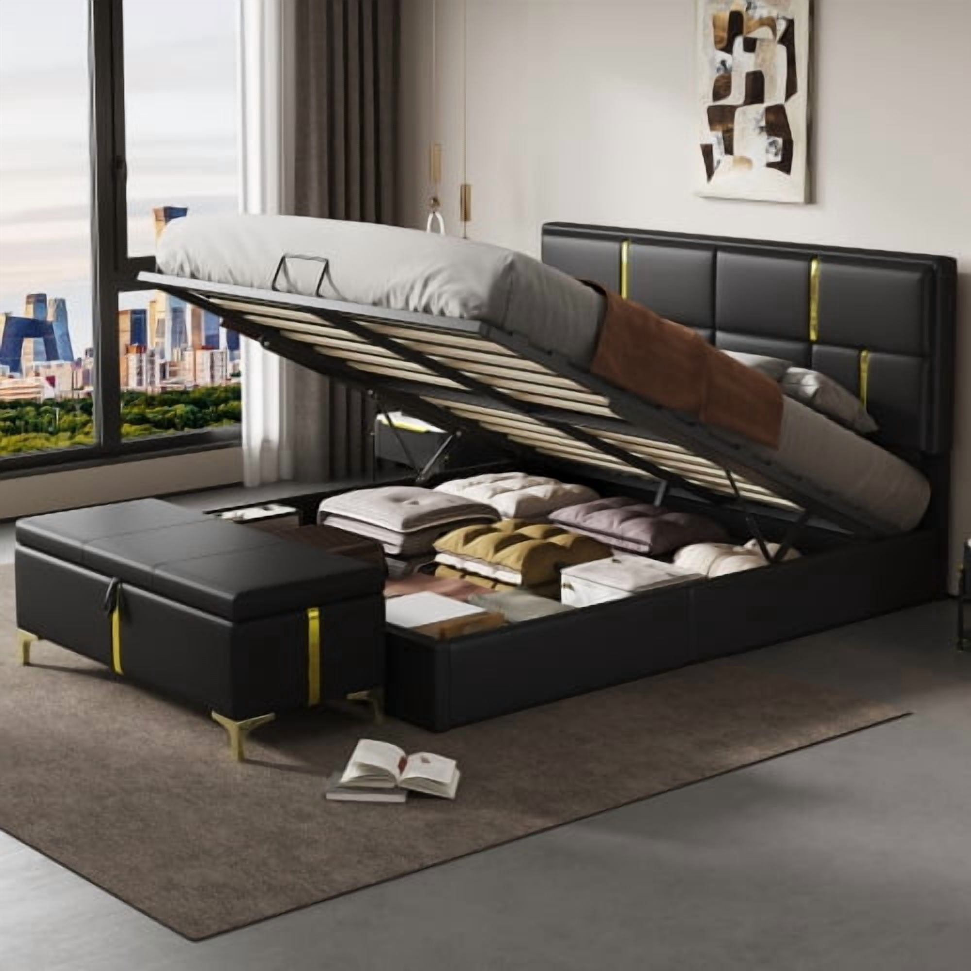 Mintazer 2 Pieces Bedroom Set, Queen Size Upholstered Platform Bed with Hydraulic Storage & Matching Storage Ottoman, Modern Tufted Bed Frame with Gold Accents for Bedroom, Black