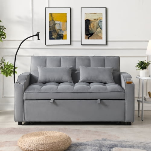 Mintazer 2 Seat Convertible Pull Out Sofa Bed with Adjustable Backrest & Charging Ports, Modern Velvet Loveseat Futon Sofa Couch with Throw Pillows & Cup Holders for Living Room Office, Light Gray