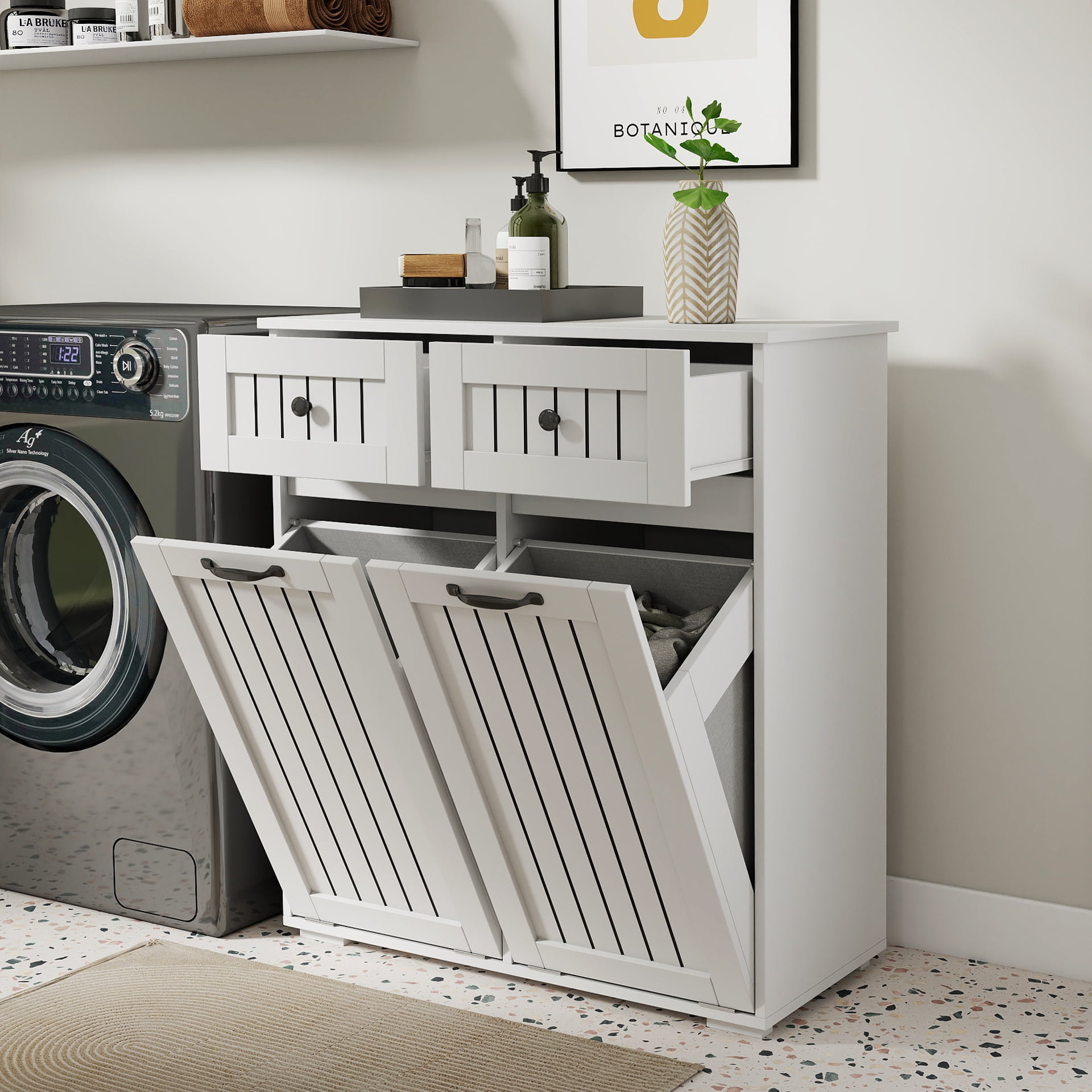 Mintazer 2 Section Tilt Out Laundry Hamper Cabinet with 2 Drawers, Freestanding Storage Cabinet for Bathroom Laundry, White