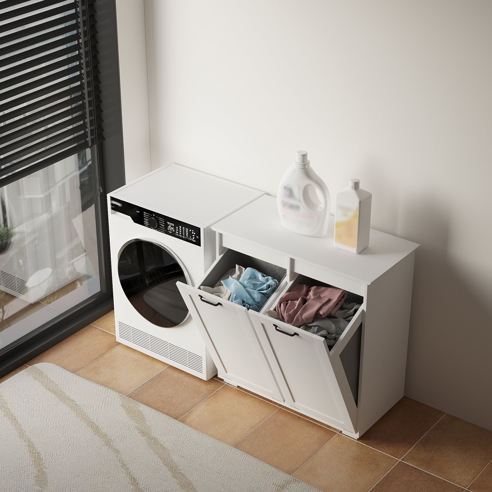 Mintazer 2 Section Tilt Out Laundry Hamper Cabinet with 2 Removable Liner Bags, Freestanding Laundry Sorter with Storage, White