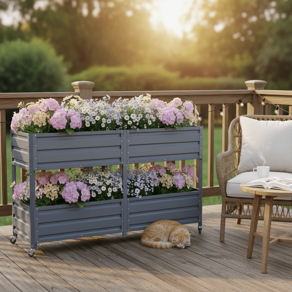 Mintazer 2-Tier Elevated Metal Raised Garden Bed with Lockable Wheels, 2-Layer Raised Planter Box for Backyard Patio Balcony Greenhouse, Dark Gray