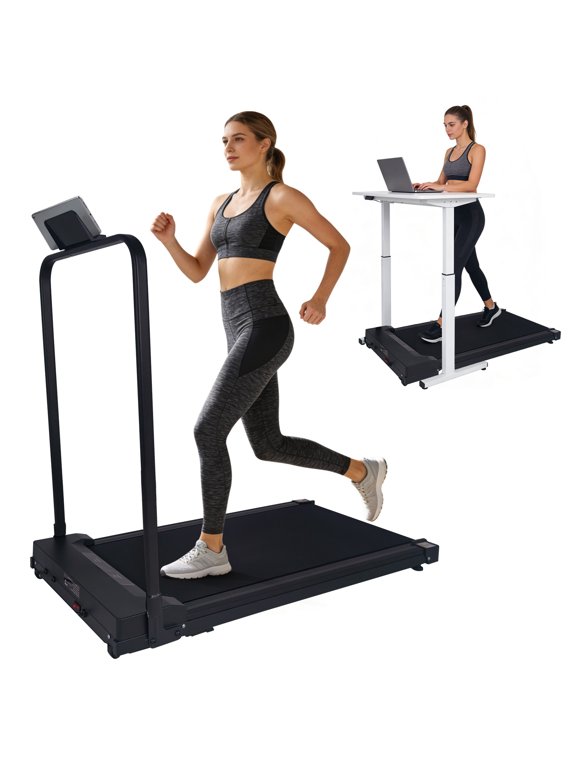 2-in-1 Compact Treadmill with Handle Bar, Portable Folding Walking Pad with Adjustable Incline & Remote Control for Home Office, Black