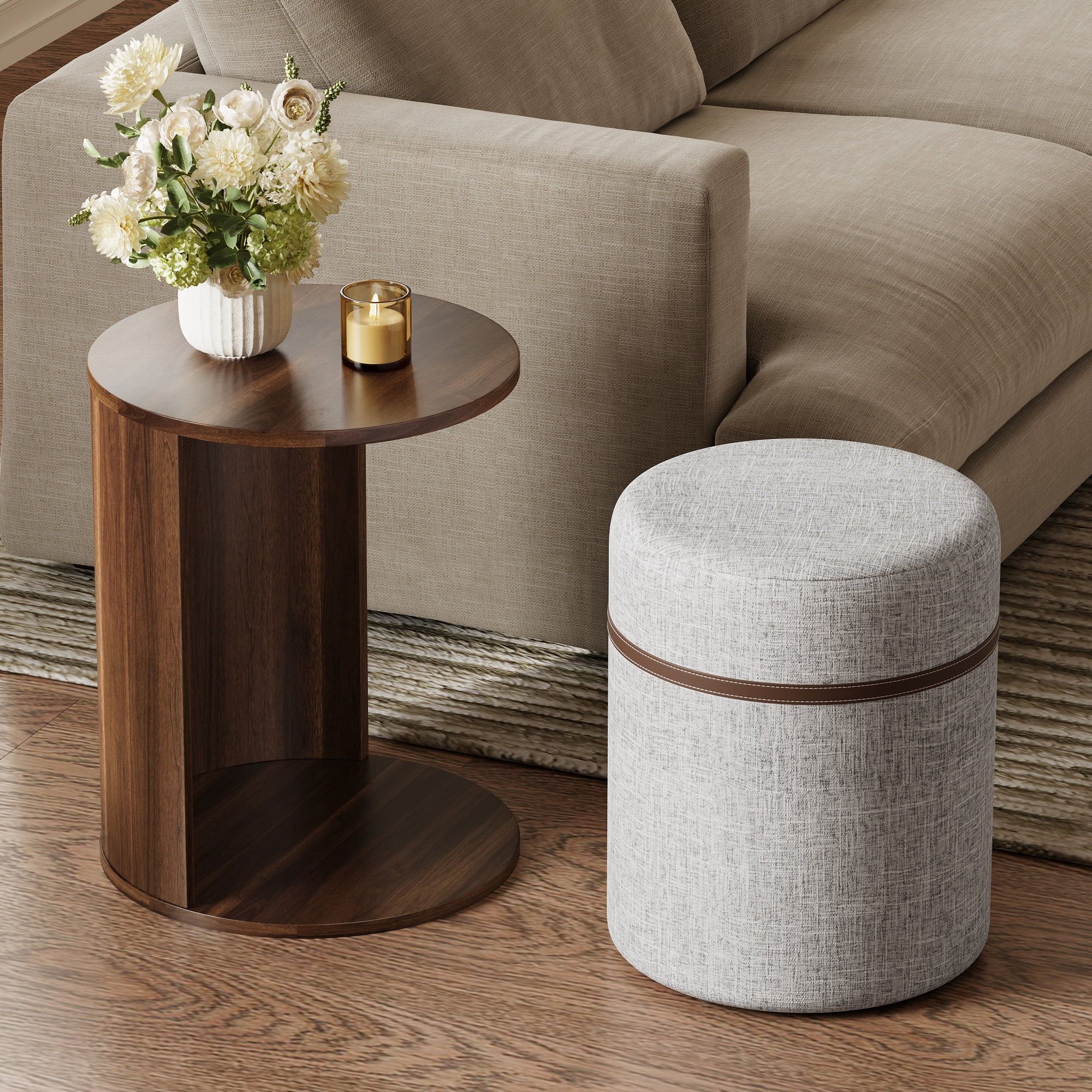 Mintazer 2‑in‑1 Round Side Table with Pull‑Out Linen Storage Stool & Open Magazine Slot, End Table for Sofa Bedroom Small Space, Walnut