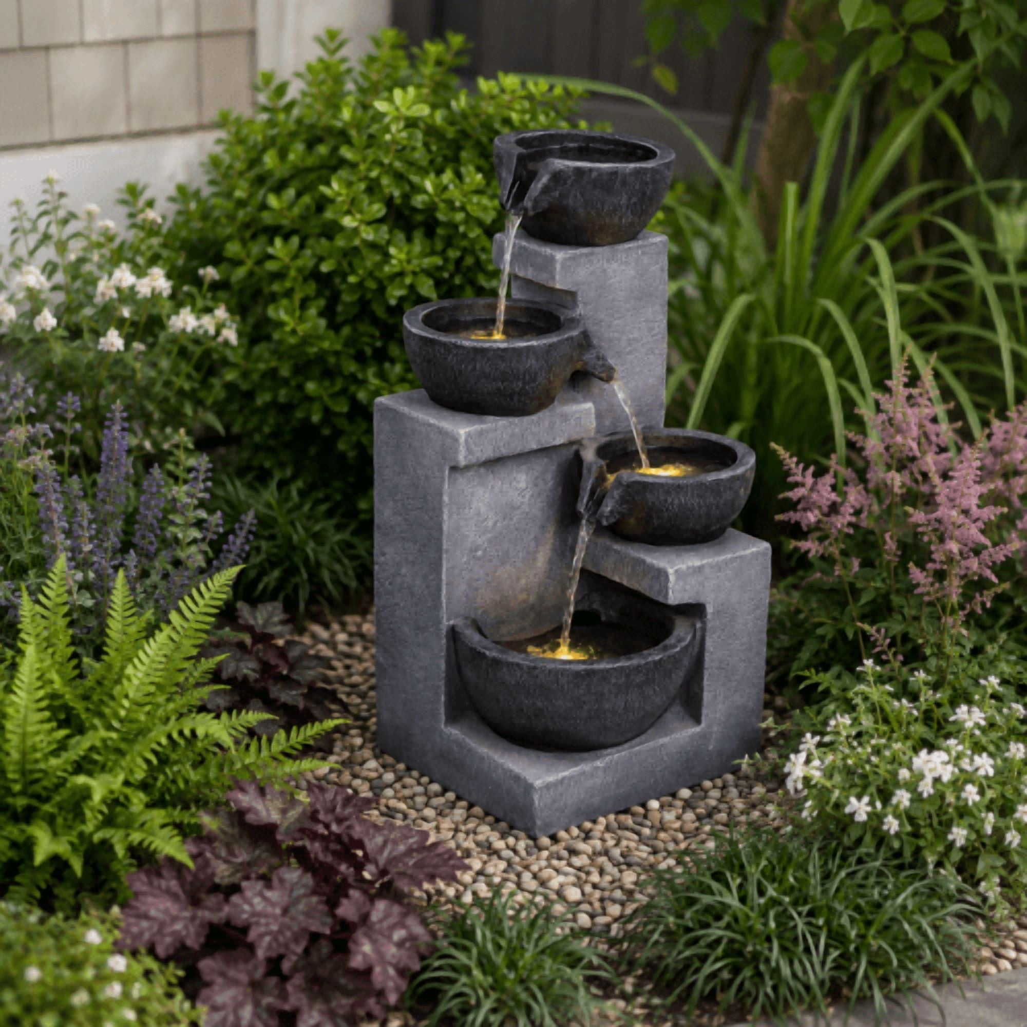 Mintazer 20.8" Modern 4-Tier Geometric Bowl Cascading Polyresin Water Fountain with Warm LED Lights, Silent Recirculating Pump Freestanding Waterfall Feature for Indoor Patio Garden Porch Balcony