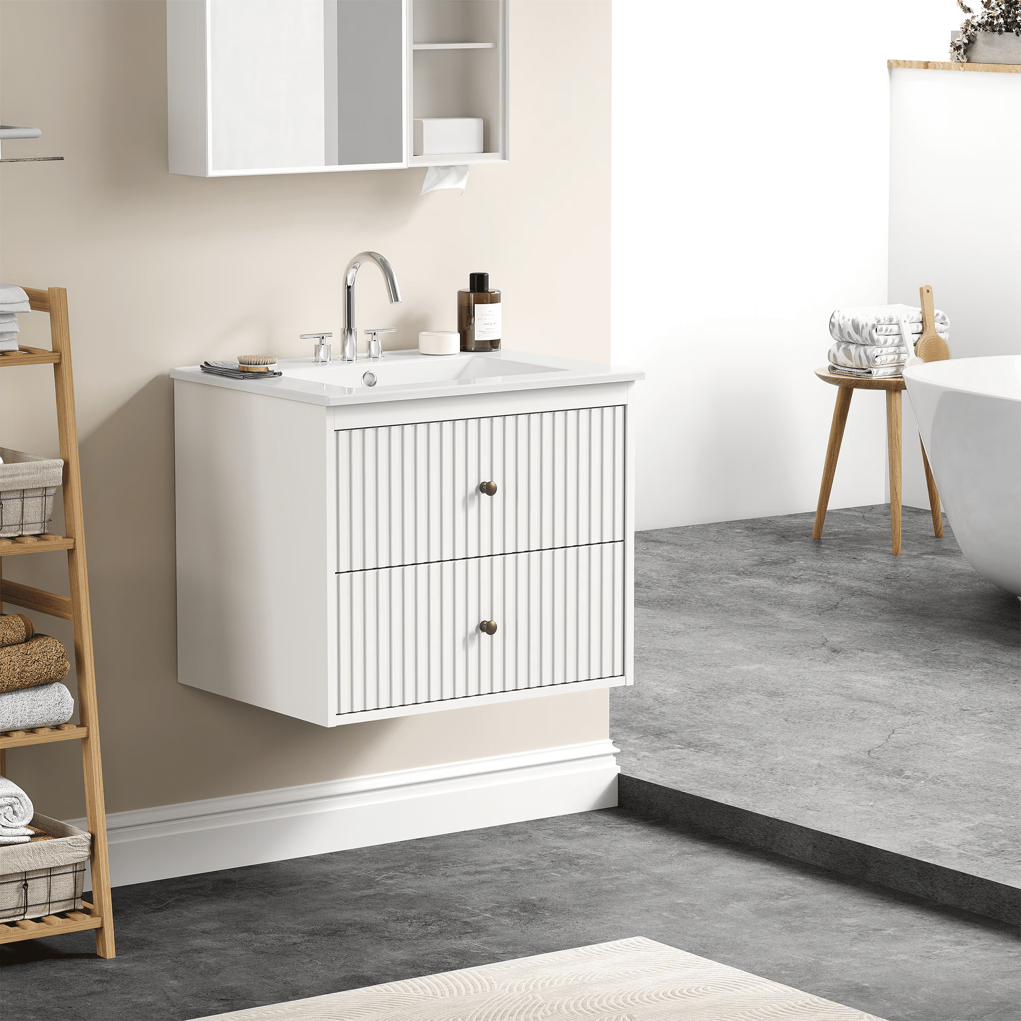 Mintazer 24 Inch Floating Fluted Bathroom Vanity with Ceramic Sink, Wall-Mounted Modern Farmhouse Bath Cabinet with 2 Storage Drawers, White