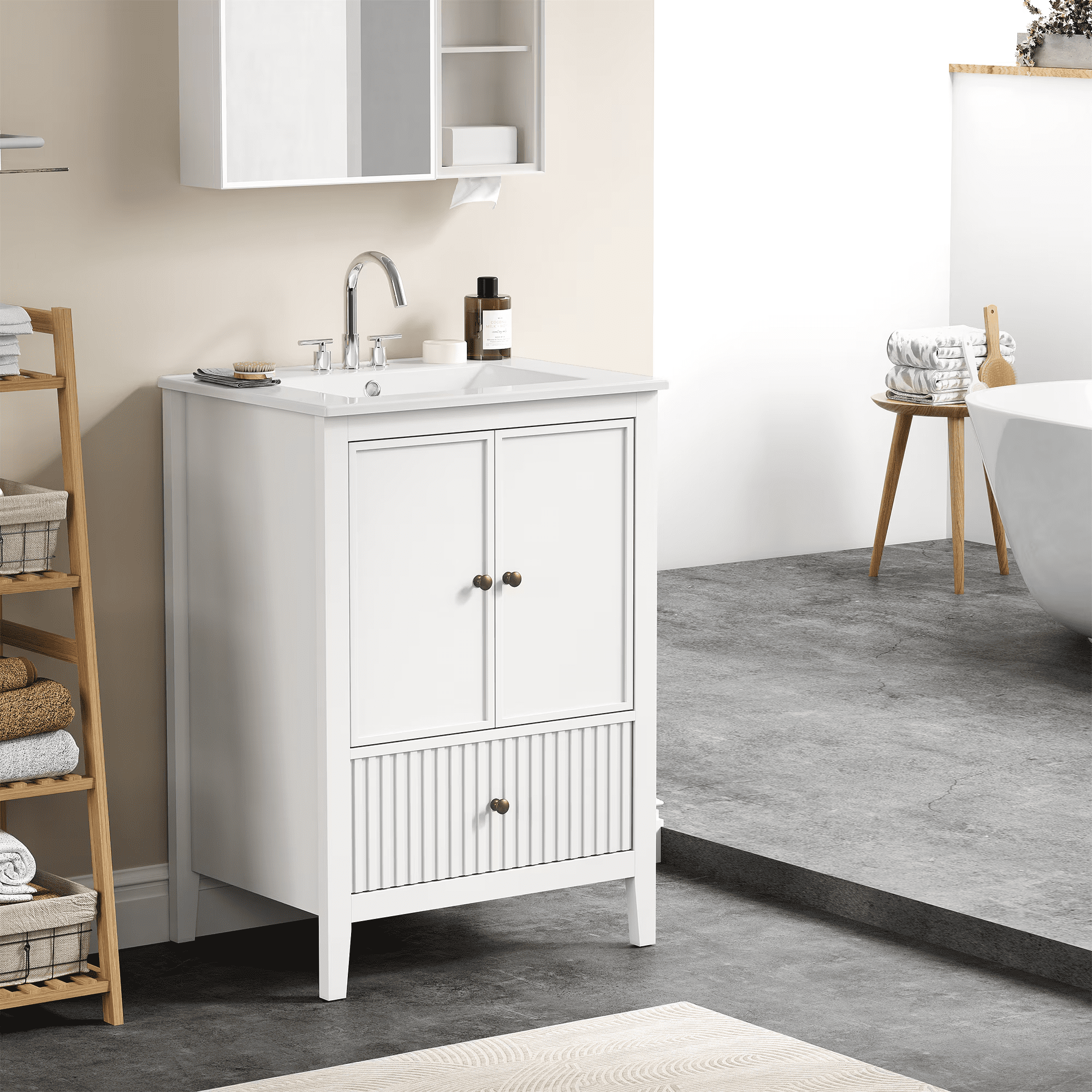 Mintazer 24 Inch Fluted Bathroom Vanity Cabinet with Ceramic Sink, Modern Farmhouse Single Sink Bath Vanity with Storage Cabinet & Drawer, White