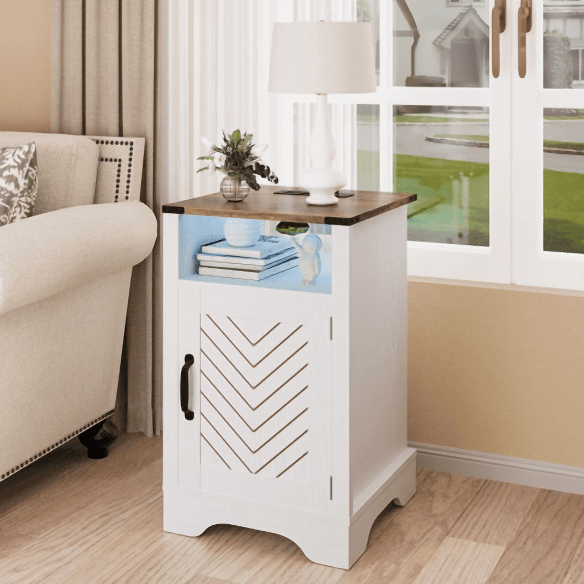 Mintazer 25"H Farmhouse Nightstand Set of 2, End Table with Charging Station & Storage, Bedside Cabinet with LED Lights for Bedroom Hallway Closet Living Room, White