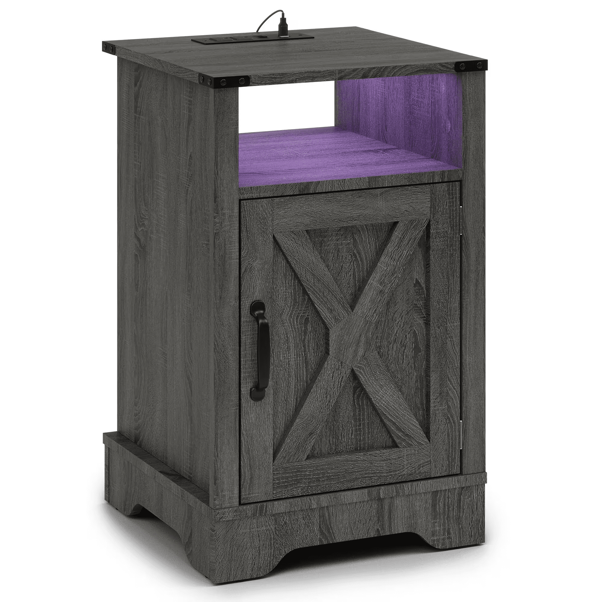Mintazer 25"H Farmhouse Nightstand with Charging Station & Storage, Bedside Cabinet with LED Lights for Bedroom Hallway Closet Living Room, Dark Grey