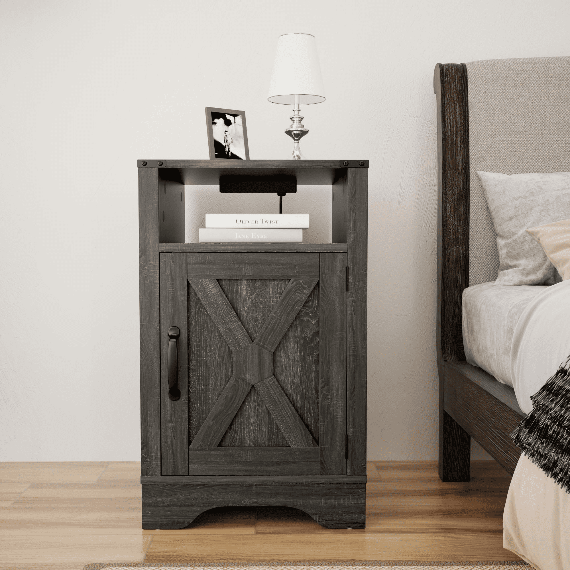 Mintazer 25"H Farmhouse Nightstand with Charging Station & Storage Cabinet, Bedside Cabinet for Bedroom Hallway Closet Living Room, Dark Grey