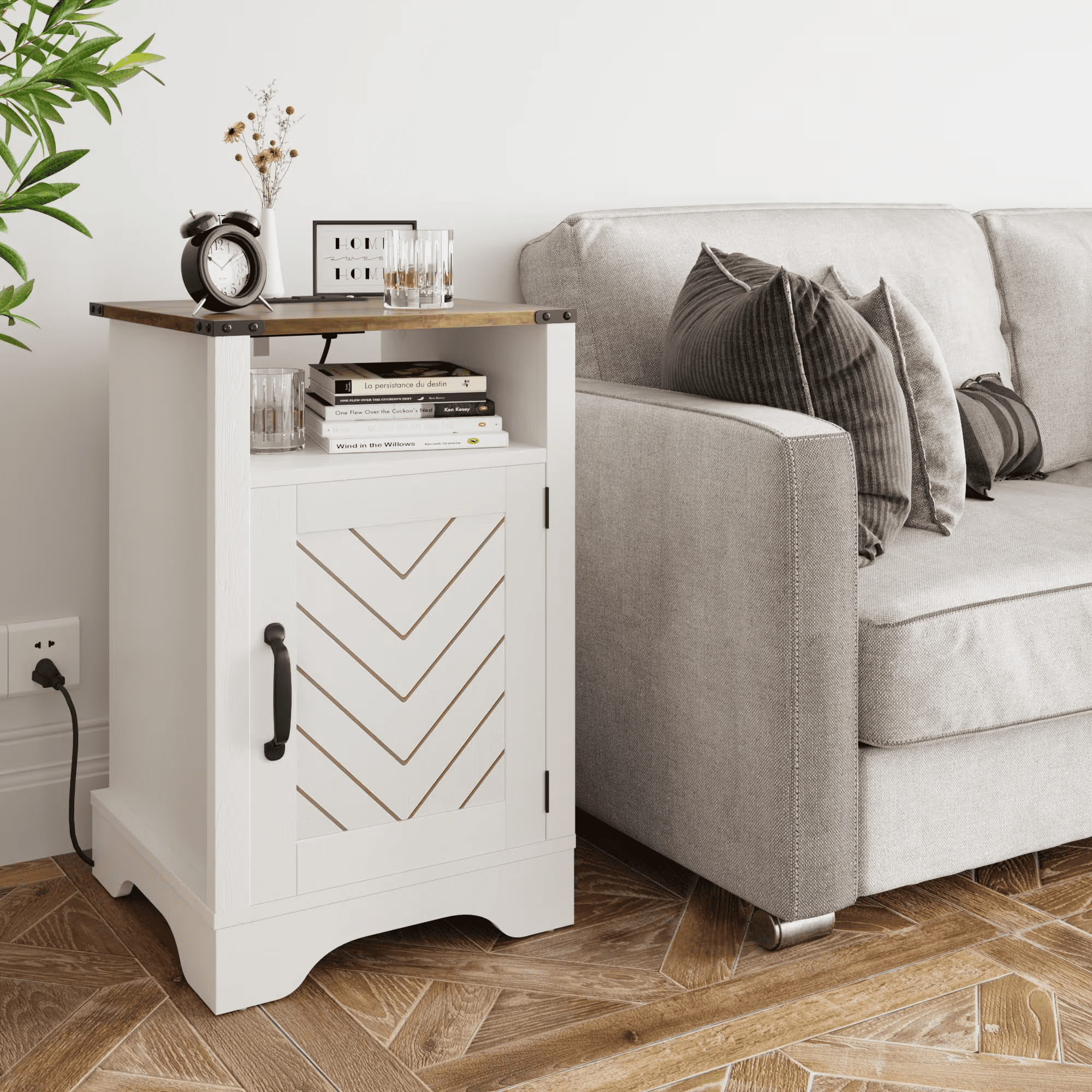 Mintazer 25"H Farmhouse Nightstand with Charging Station & Storage Cabinet, Bedside Cabinet for Bedroom Hallway Closet Living Room, White