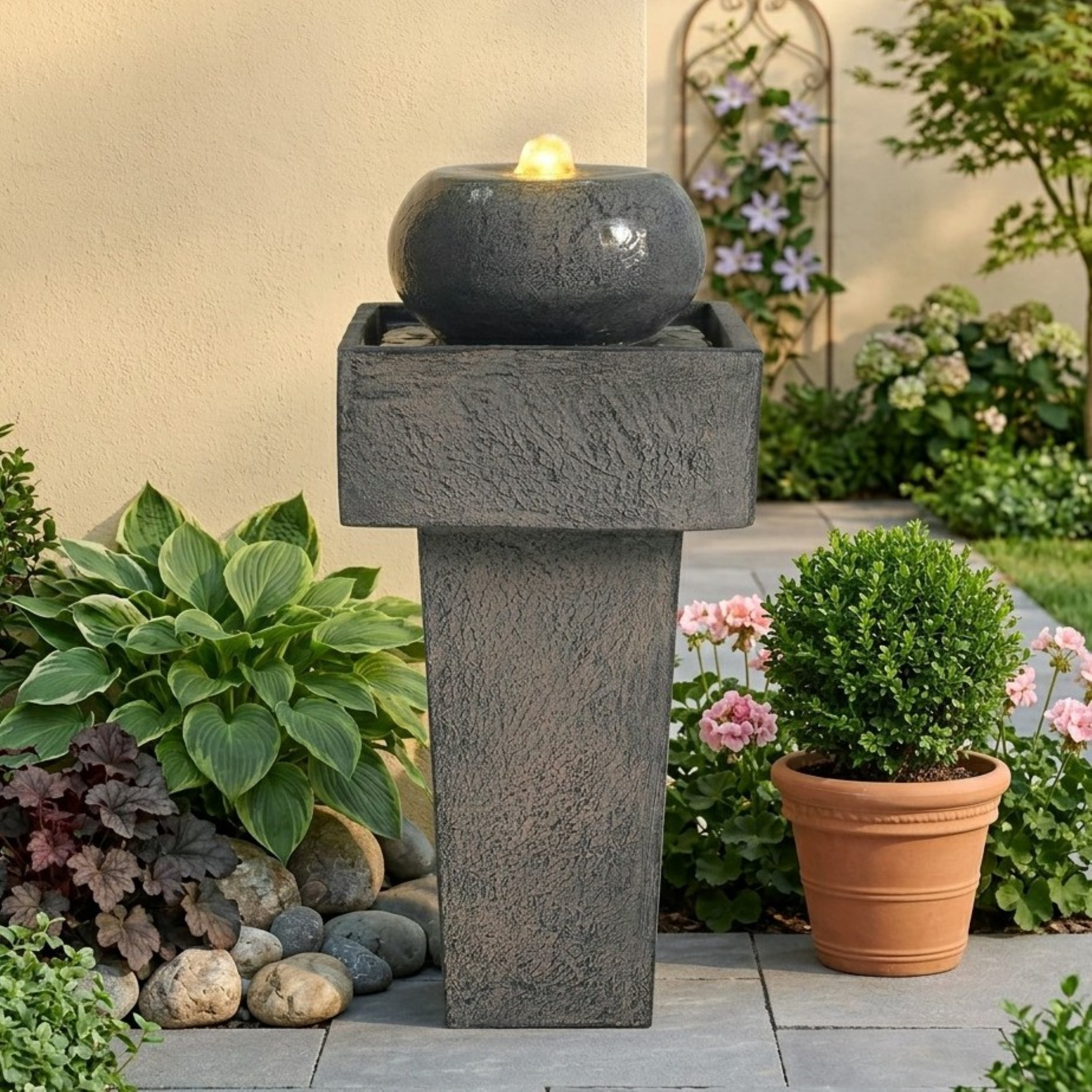 Mintazer 26"H Modern Stone Textured Pedestal Sphere Fountain, Weatherproof Concrete Outdoor Water Feature with Warm LED Light & Recirculating Pump for Patio Garden Backyard Decor, Gray