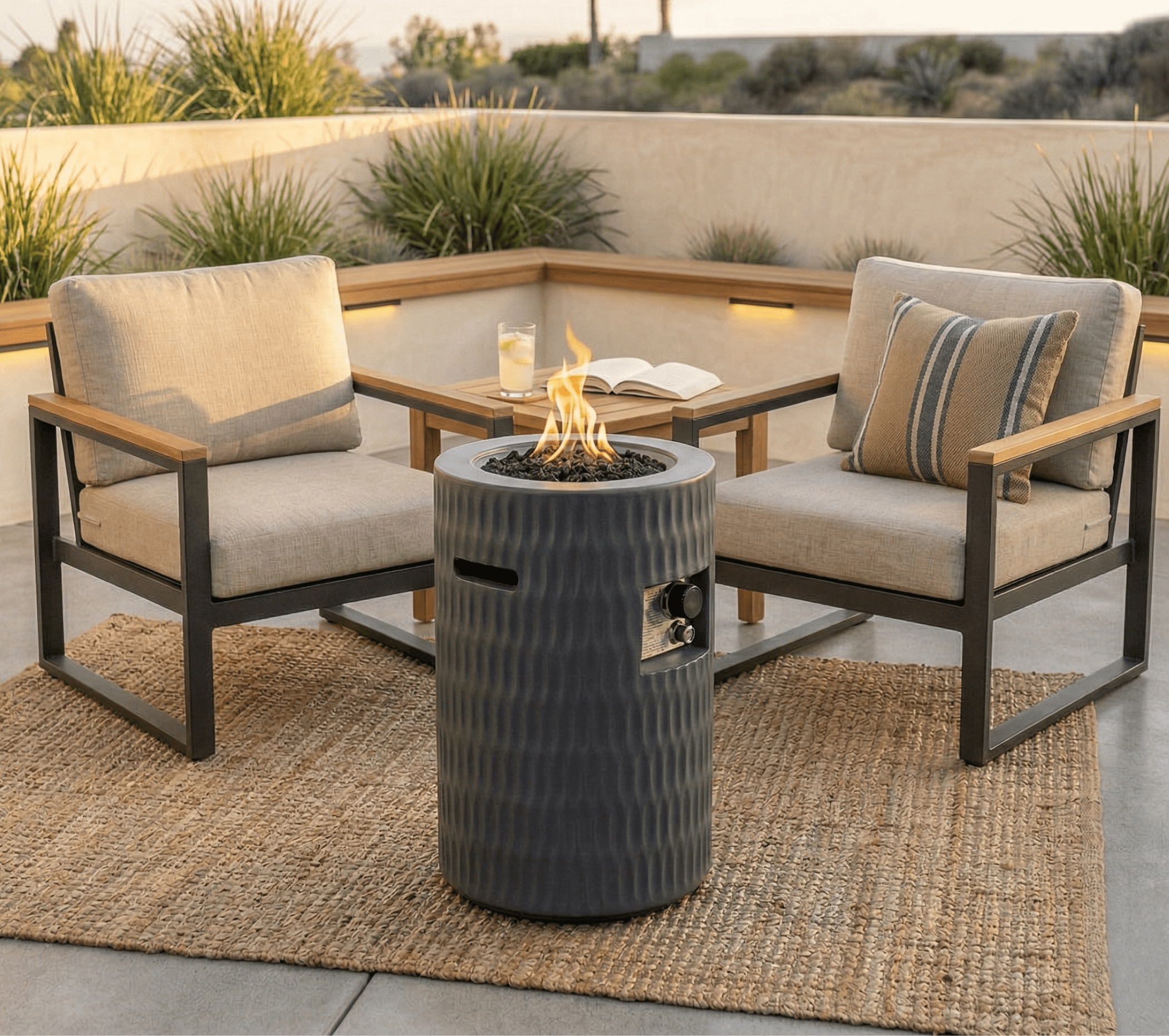 Mintazer 26" Propane Fire Pit, 40,000 BTU Cylindrical Concrete Outdoor Fire Pit with Hidden Tank & Waterproof Cover for Patio Backyard Deck, Dark Grey