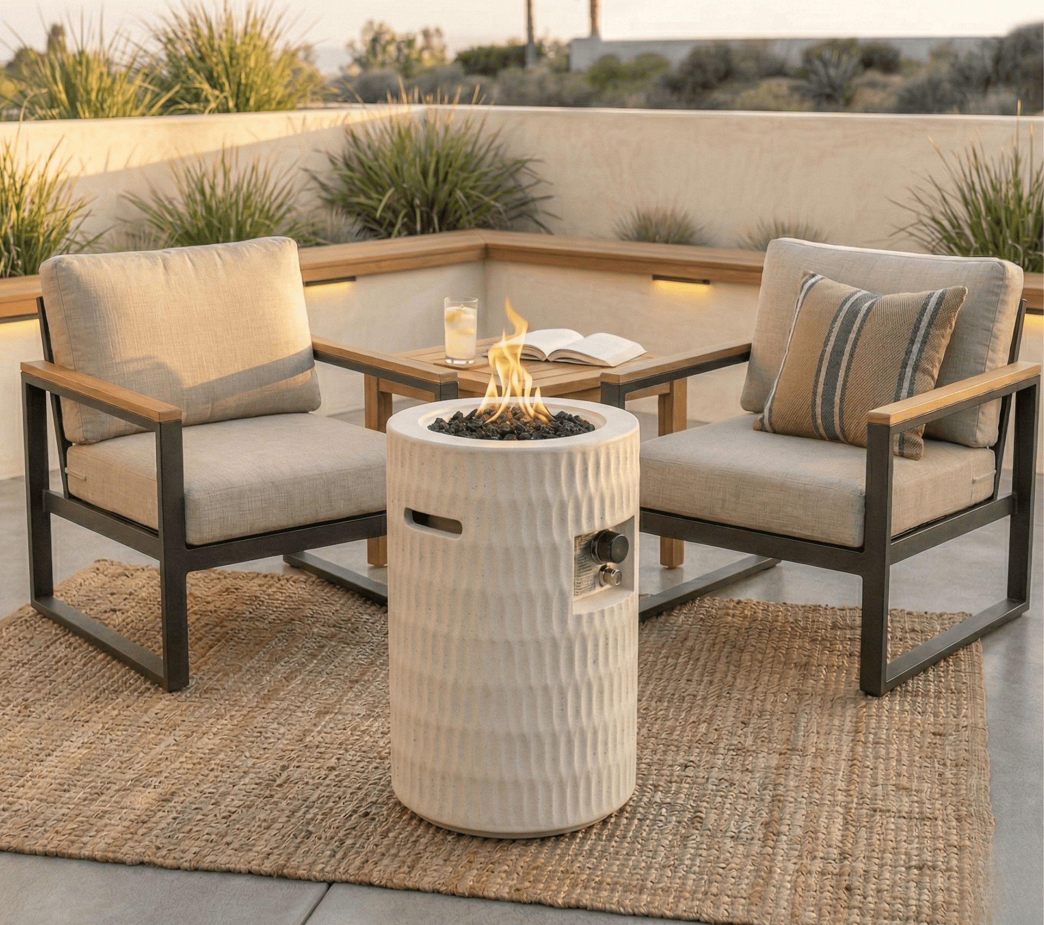 Mintazer 26" Propane Fire Pit, 40,000 BTU Cylindrical Concrete Outdoor Fire Pit with Hidden Tank & Waterproof Cover for Patio Backyard Deck, Beige