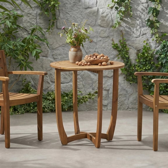 Mintazer 27.5" Round Outdoor End Table, Modern Accent Table with Curved Cross-Base, Patio Side Table for Patio Living Room, Natural Teak