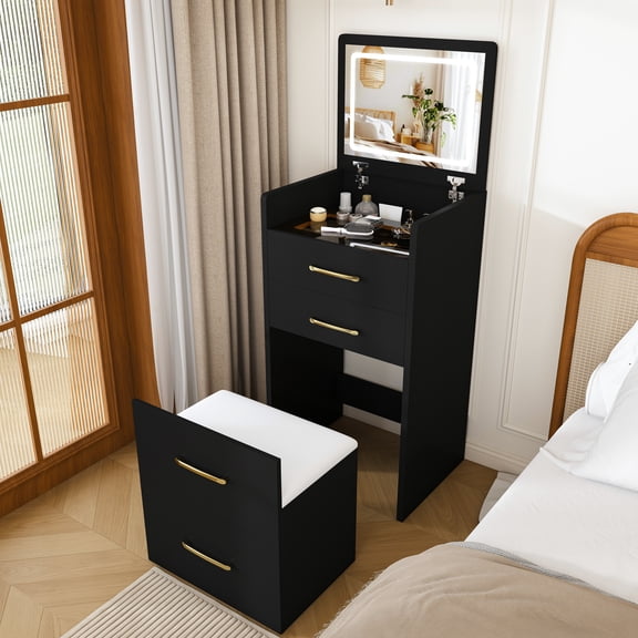 Mintazer 3-In-1 Vanity Desk with Flip Mirror & Lights, Compact Makeup Dressing Table with 3 Drawers & Storage for Bedroom, Black