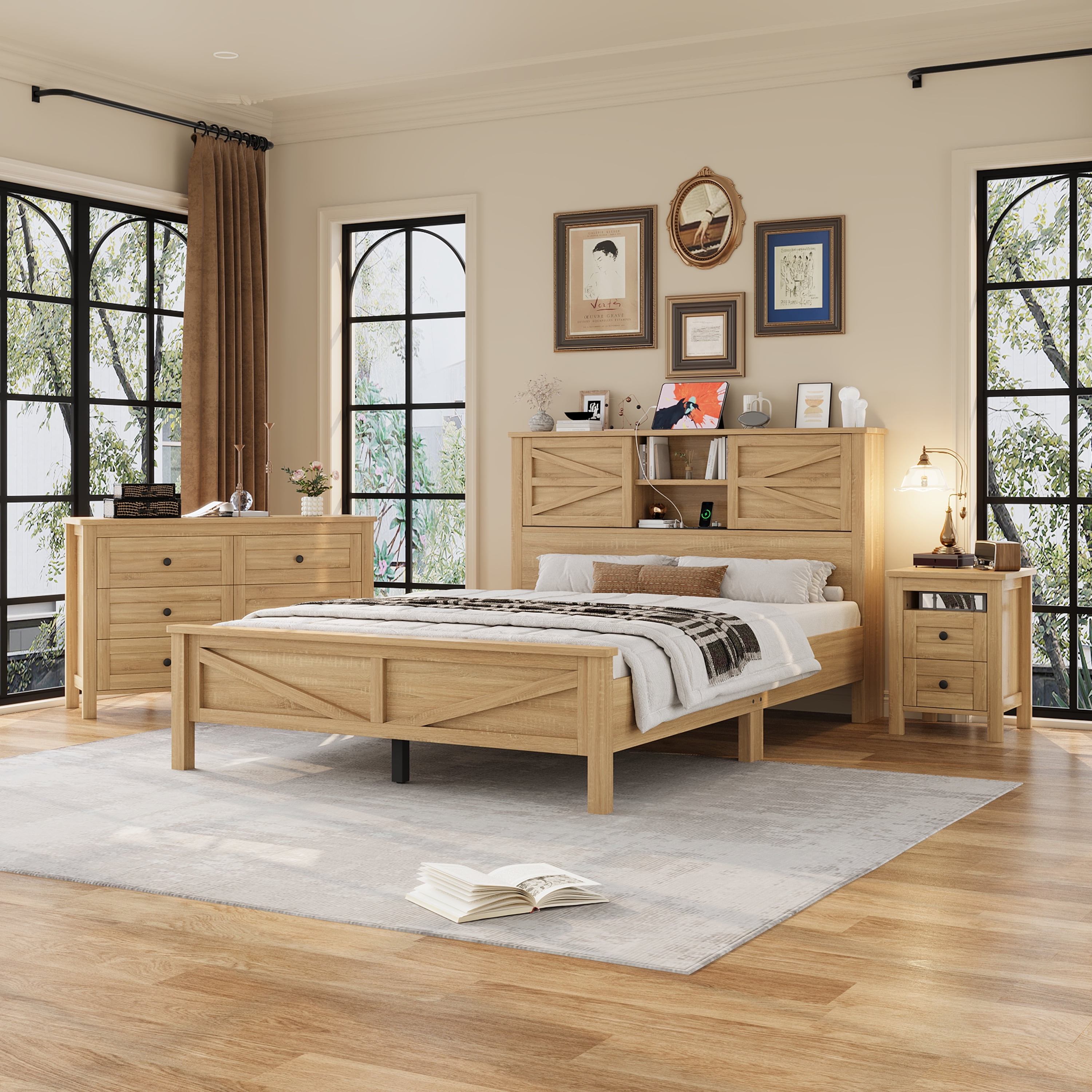 Mintazer 3-Piece Farmhouse Bedroom Set with Nightstand & 6-Drawer Dresser, Queen Platform Bed with Storage Headboard, Natural