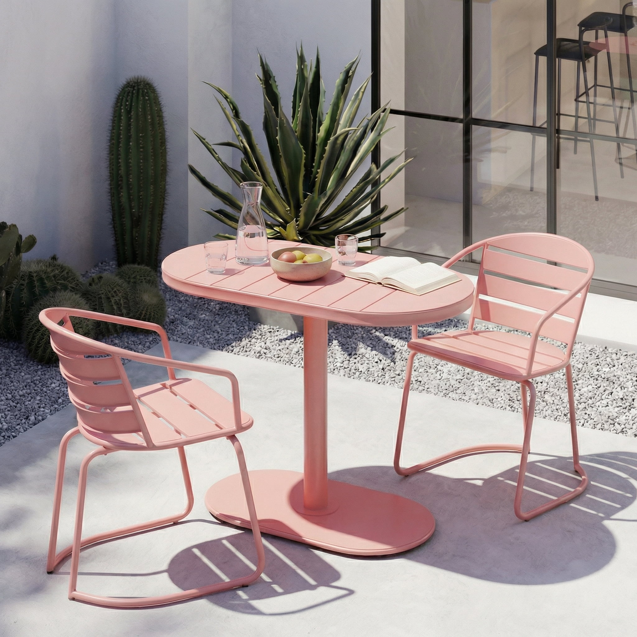 Mintazer 3-Piece Metal Bistro Dining Set, Patio Outdoor Conversation Set with Oval Slatted Table & 2 Cantilever Arm Chairs, Pink
