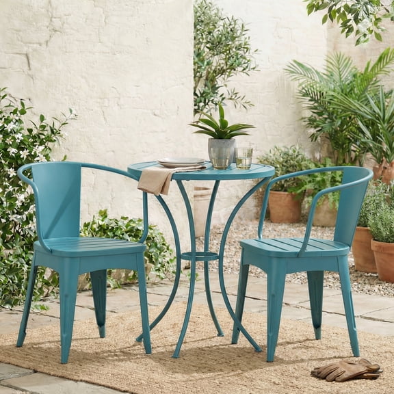 Mintazer 3-Piece Metal Bistro Patio Set, Patio Outdoor Conversation Set with Round Slatted Table & 2 Armrest Dining Chairs, Blue