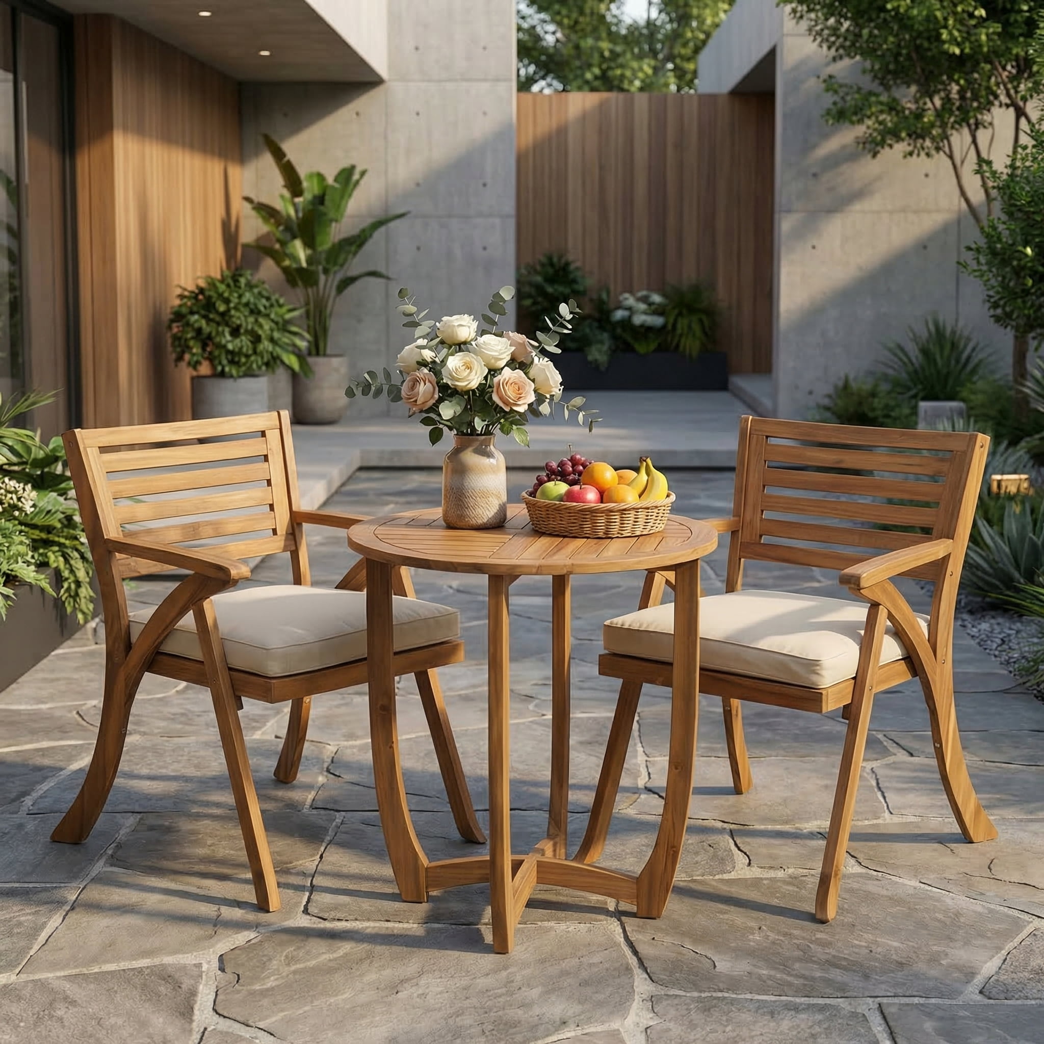 Mintazer 3-Piece Patio Bistro Set, Patio Outdoor Conversation Set with Round Table & 2 Arm Chairs, Patio Furniture Sets with Water-Resistant Cushions, Natural
