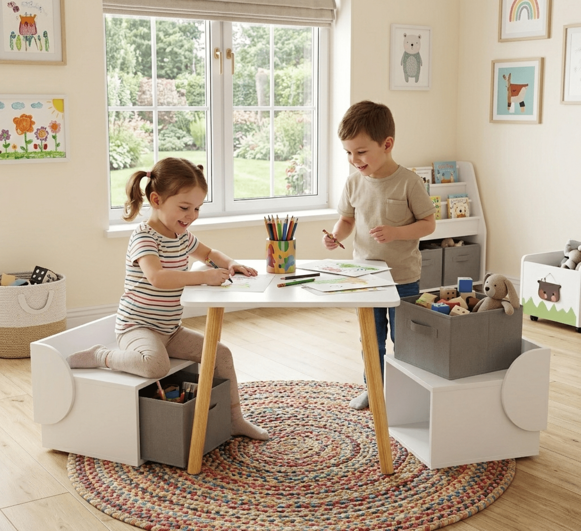 Mintazer 3-Piece Toddler Activity Table Set, Wood Kids Table & 2 Chair with Storage Bins for Playroom and Bedroom, White