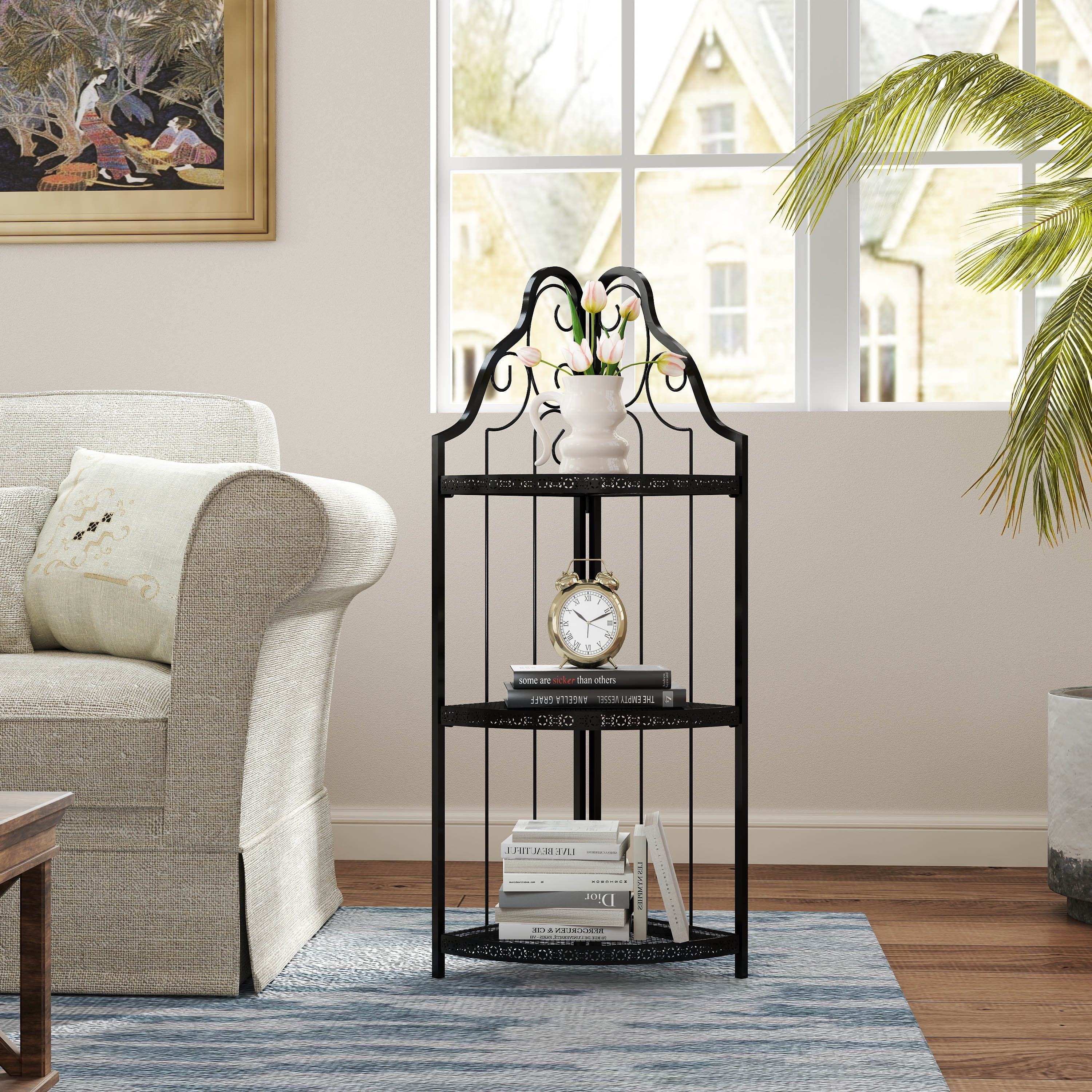 Mintazer 3-Tier Corner Bookcase with Vintage Scroll Design, 40.9" Open Storage Rack for Living Room & Bathroom, Black