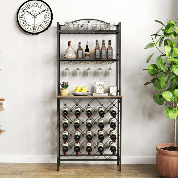 Mintazer 3-Tier Industrial Wine Rack with Glass Holders & Wooden Tabletop, 20 Bottle Bar Cabinet for Home Bars & Kitchens
