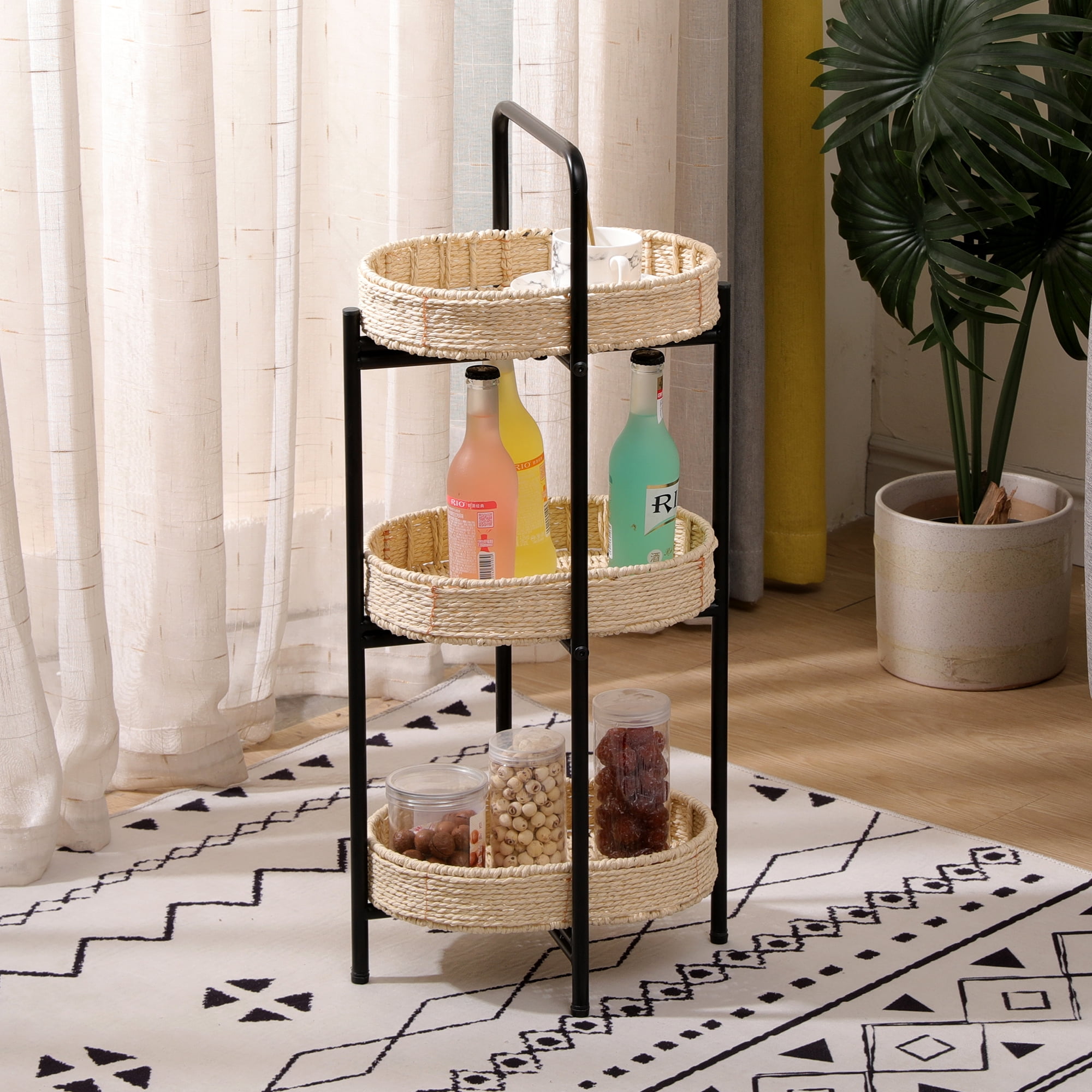 Mintazer 3-Tier Oval Detachable Basket Side Table, Storage Shelf for Living Room Bedroom Bathroom Bedside, Natural