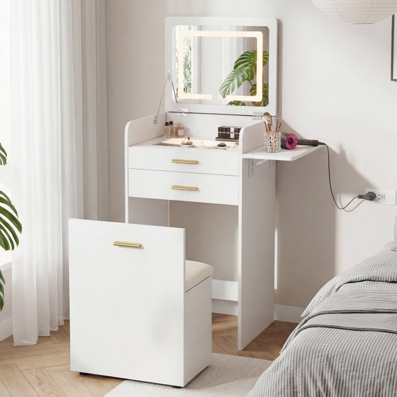 Mintazer 3-in-1 Compact Vanity Desk with Flip-Top LED Mirror and Folding Side Table, Makeup Vanity Set with Storage Stool & 9-Grid Storage for Bedrooms, White