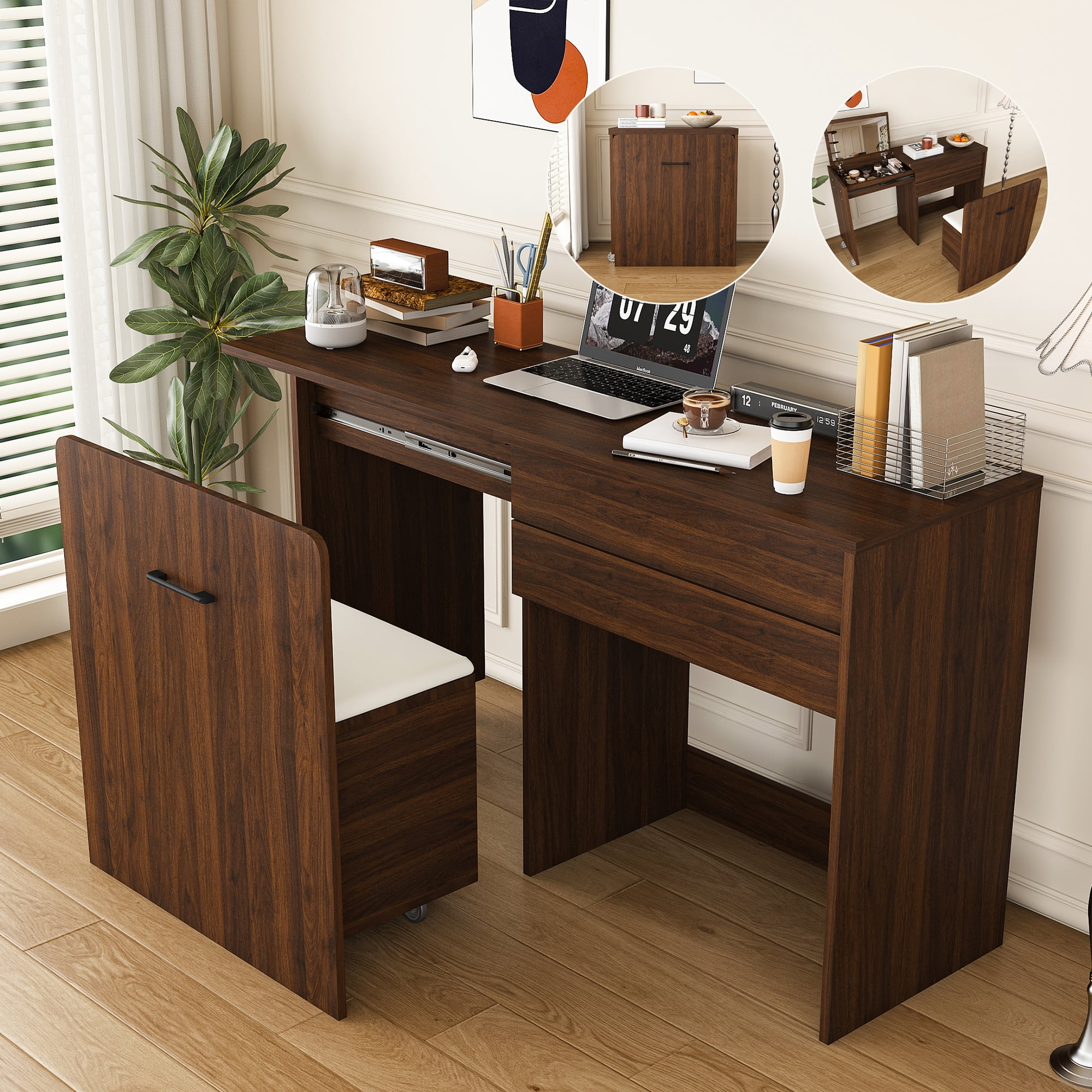 Mintazer 3‑in‑1 Expandable Folding Desk with Flip‑Top HD Mirror & Storage, Multi‑Mode Vanity Table with Hidden Storage Stool & Lockable Wheels for Small Space, Walnut