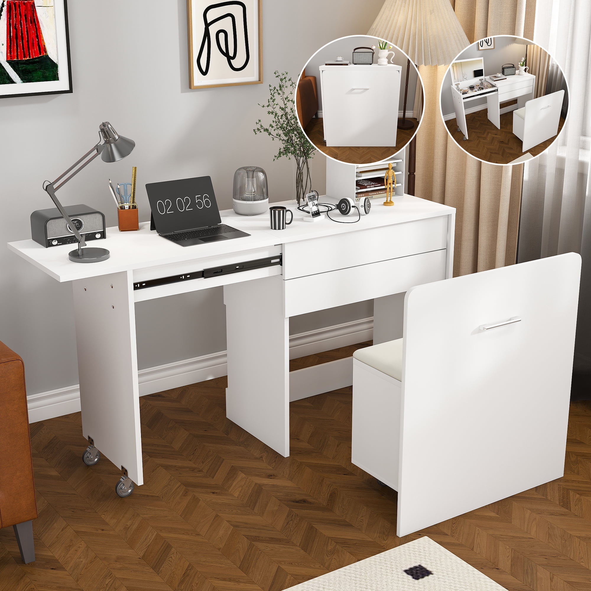 Mintazer 3‑in‑1 Expandable Folding Desk with Flip‑Top HD Mirror & Storage, Multi‑Mode Vanity Table with Hidden Storage Stool & Lockable Wheels for Small Space, White