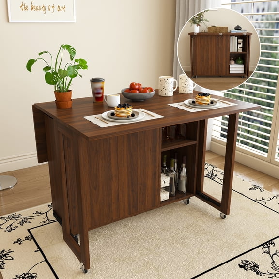 Mintazer 3‑in‑1 Folding Dining Table with 4 Large Storage Shelves & Storage Compartments, Multi‑Mode Convertible Table Cabinet with Lockable Wheels for Small Space Kitchen Apartment, Wlanut