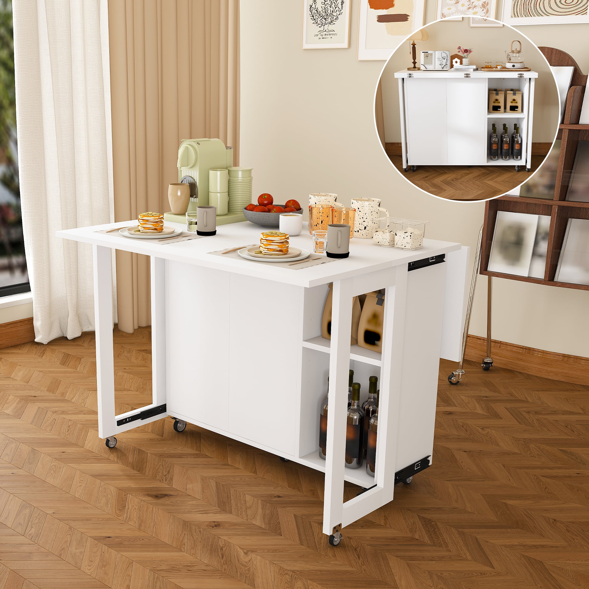 Mintazer 3‑in‑1 Folding Dining Table with 4 Large Storage Shelves & Storage Compartments, Multi‑Mode Convertible Table Cabinet with Lockable Wheels for Small Space Kitchen Apartment, White