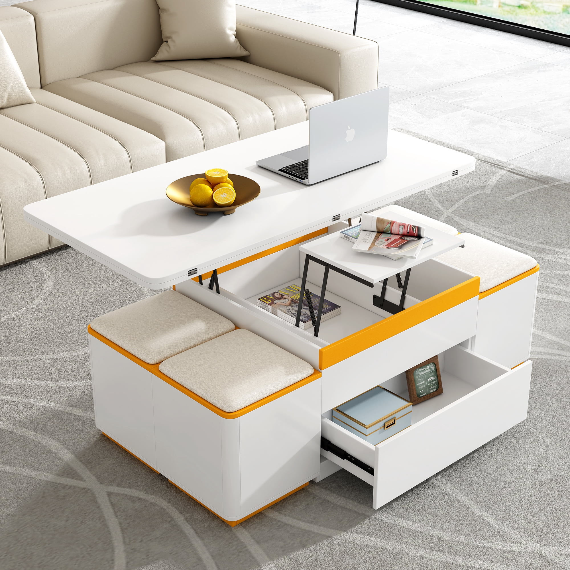 Mintazer 3-in-1 Lift Top Multi-Function Coffee Table Set with 4 Storage Stools, Modern Center Table with Foldable Top & Adjustable, Convertible Dining Desk for Living Room Apartment, White
