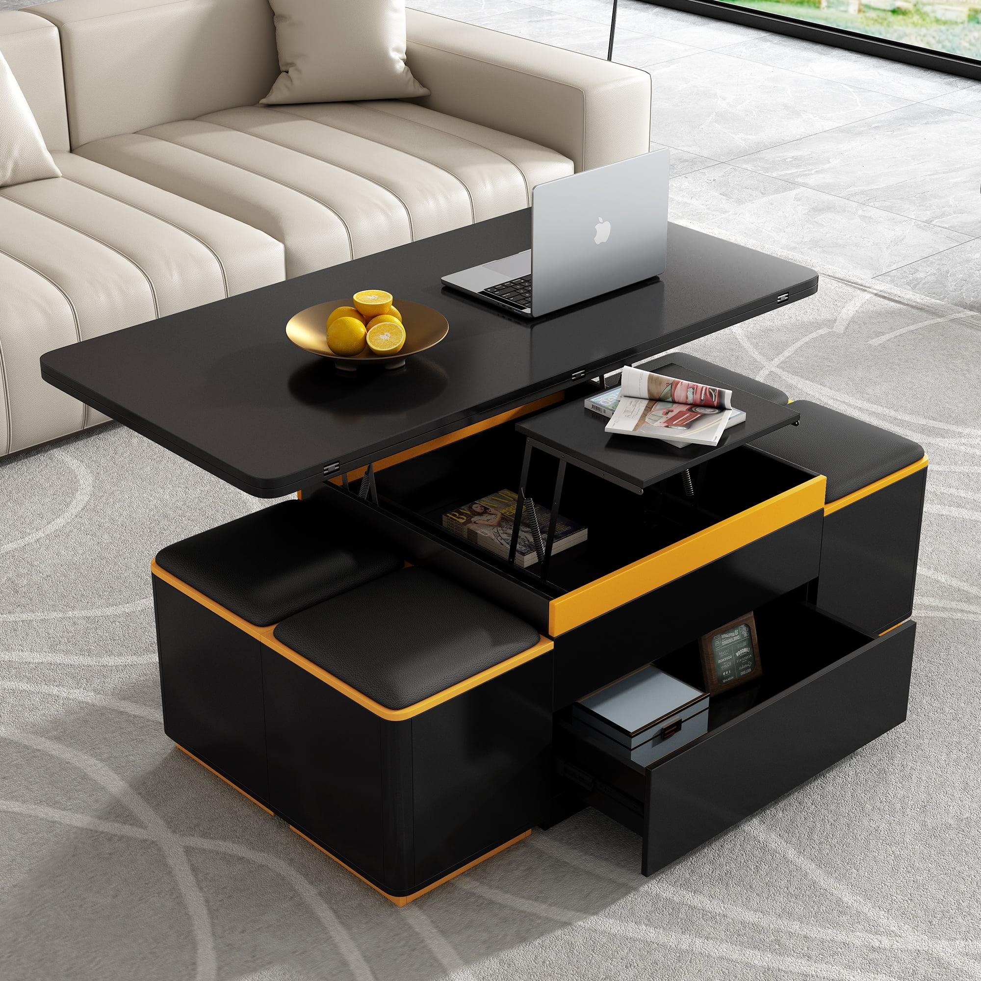 Mintazer Lift-Top Coffee Table with 4 Storage Stools, 3-in1 Adjustable Center Table for Living Room, Black