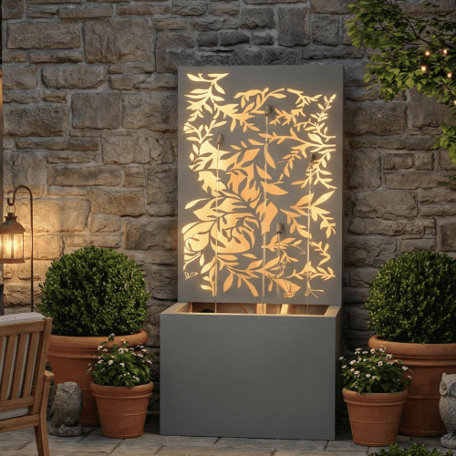 Mintazer 30.7"H Leaf Cutout Vertical Water Wall Fountain, Weatherproof Metal Outdoor Cascading Water Feature with Warm LED Backlight & Silent Recirculating Pump for Patio Garden Backyard Decor, Gray