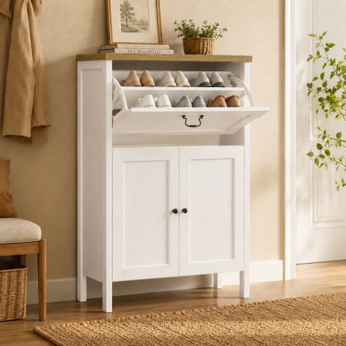 Mintazer 31.5" Farmhouse Narrow Shoe Storage Cabinet with Flip Drawer, Entryway Shoe Cabinet with Adjustable Shelf for Entryway Foyer, White
