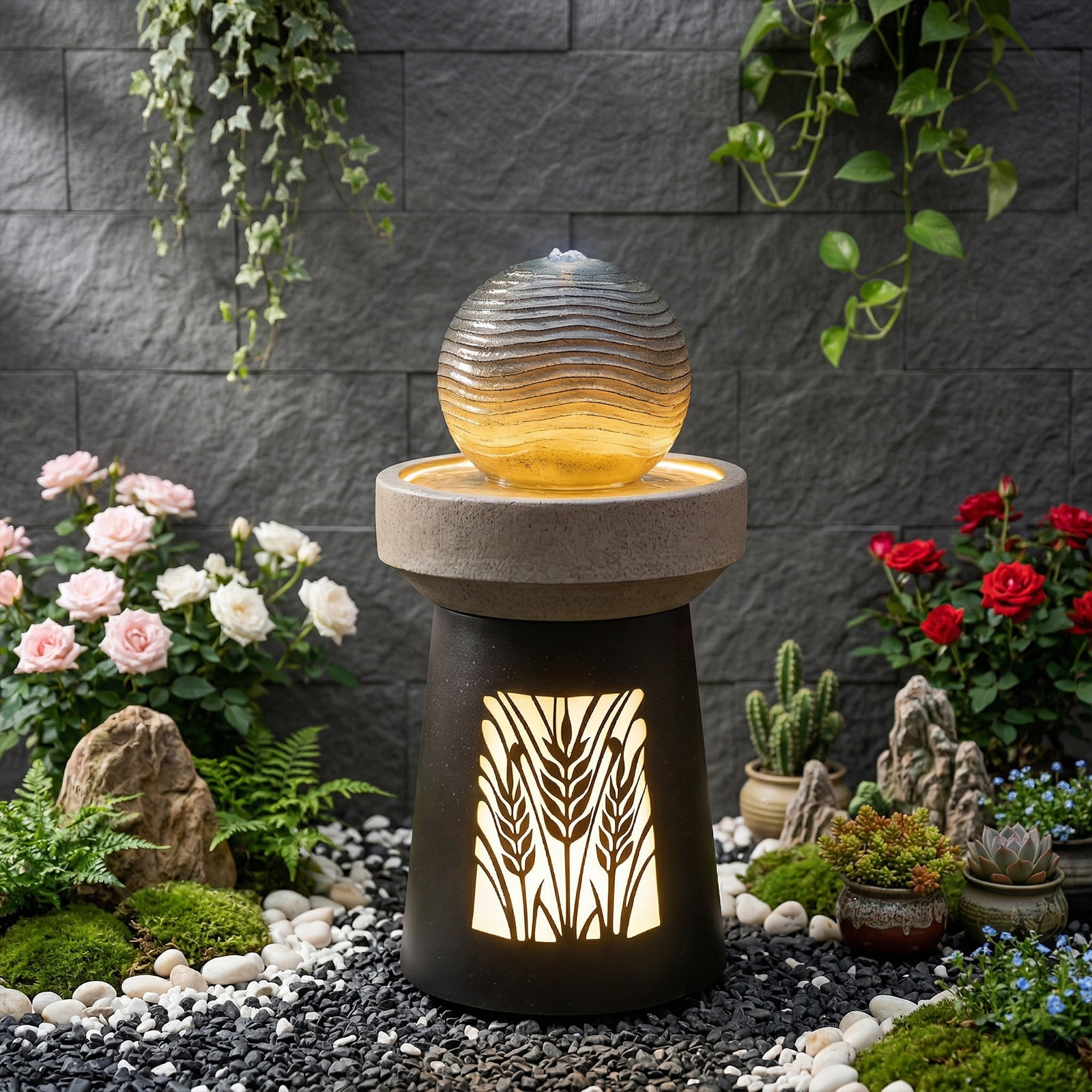 Mintazer 32.1" Modern Spherical Water Fountain with LED Lights, Outdoor Garden Fountain with Leaf Silhouette Base for Patio Yard Porch Landscape