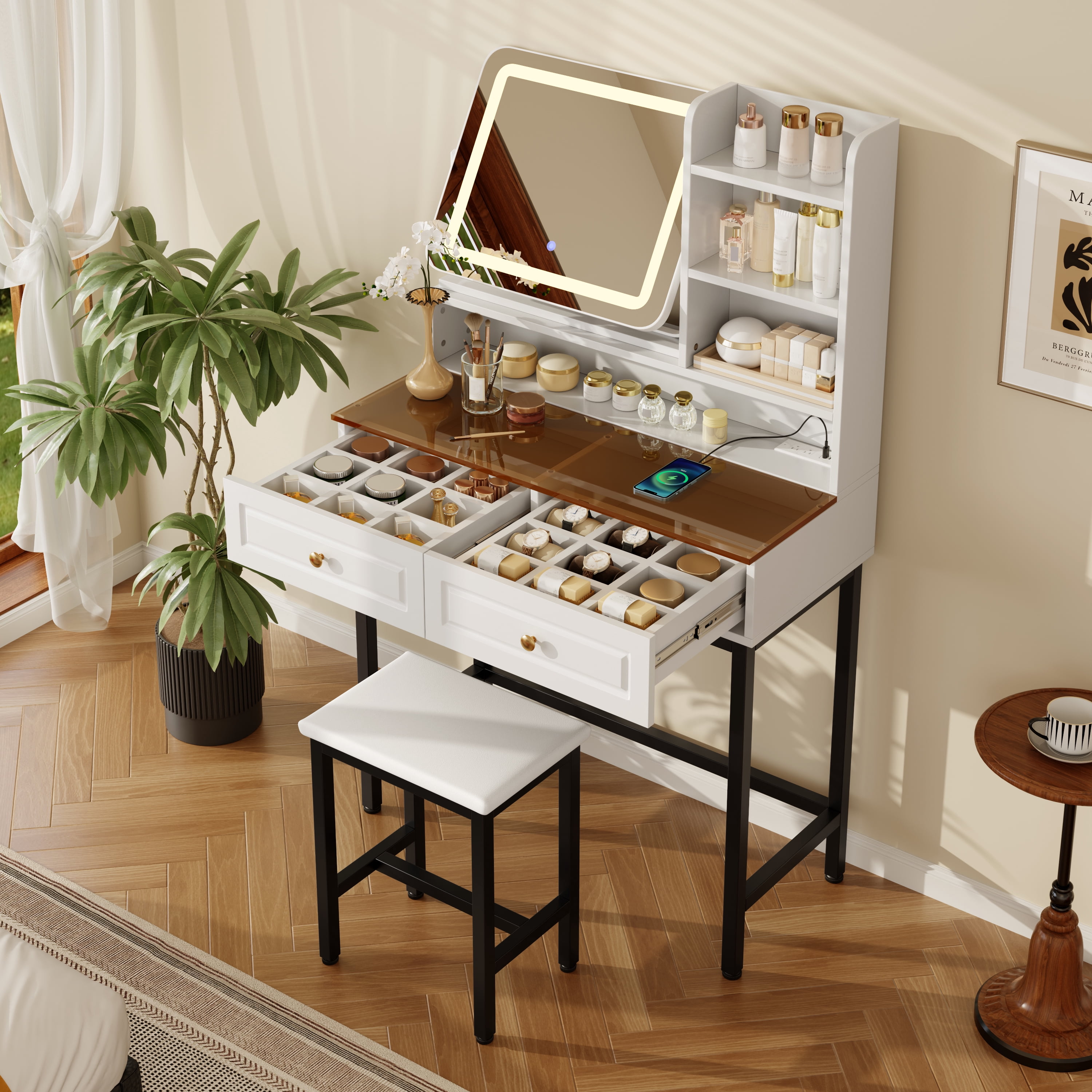 Mintazer 32.2" Vanity Desk with Rotatable LED Mirror & Charging Station, Makeup Vanity Table with Amber Glass Top, Drawers & Stool, White